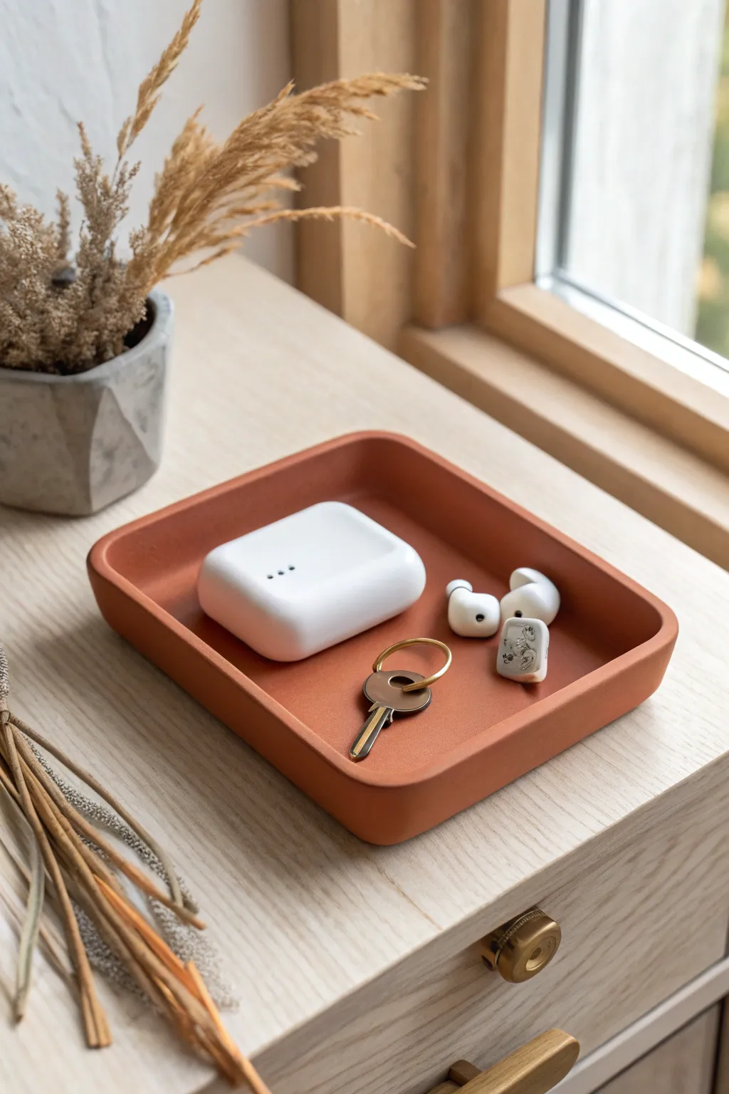 Minimal geometric polymer clay tray keeps keys and earbuds tidy with calm Scandi-boho style.