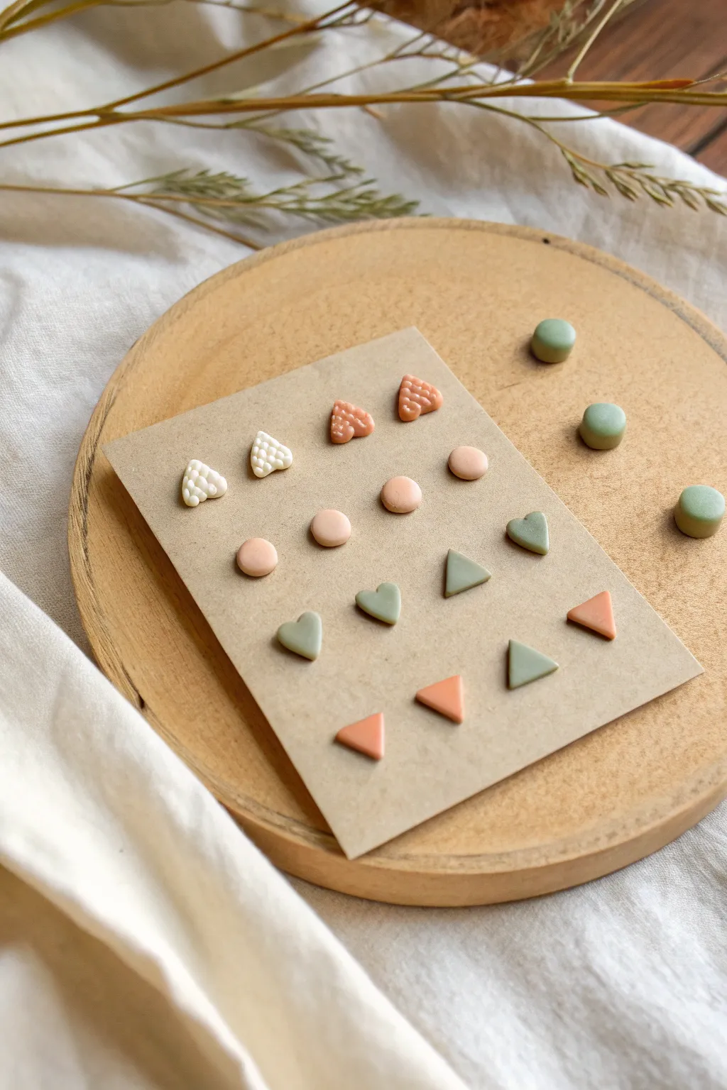 Tiny minimalist polymer clay stud set on kraft card, simple shapes for everyday wear