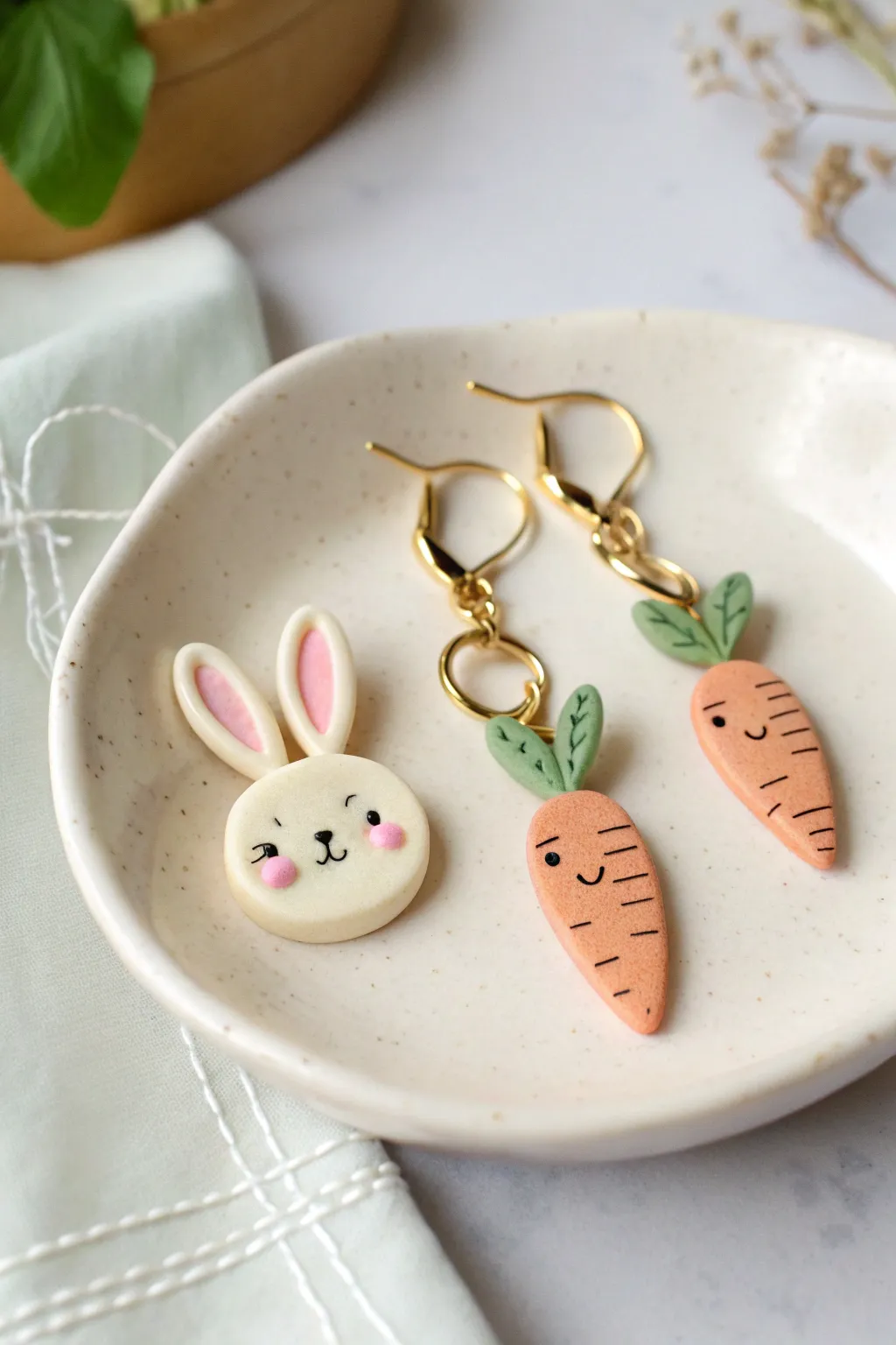 Sweet polymer clay mismatch dangles: a pastel bunny and carrot pair with minimalist charm