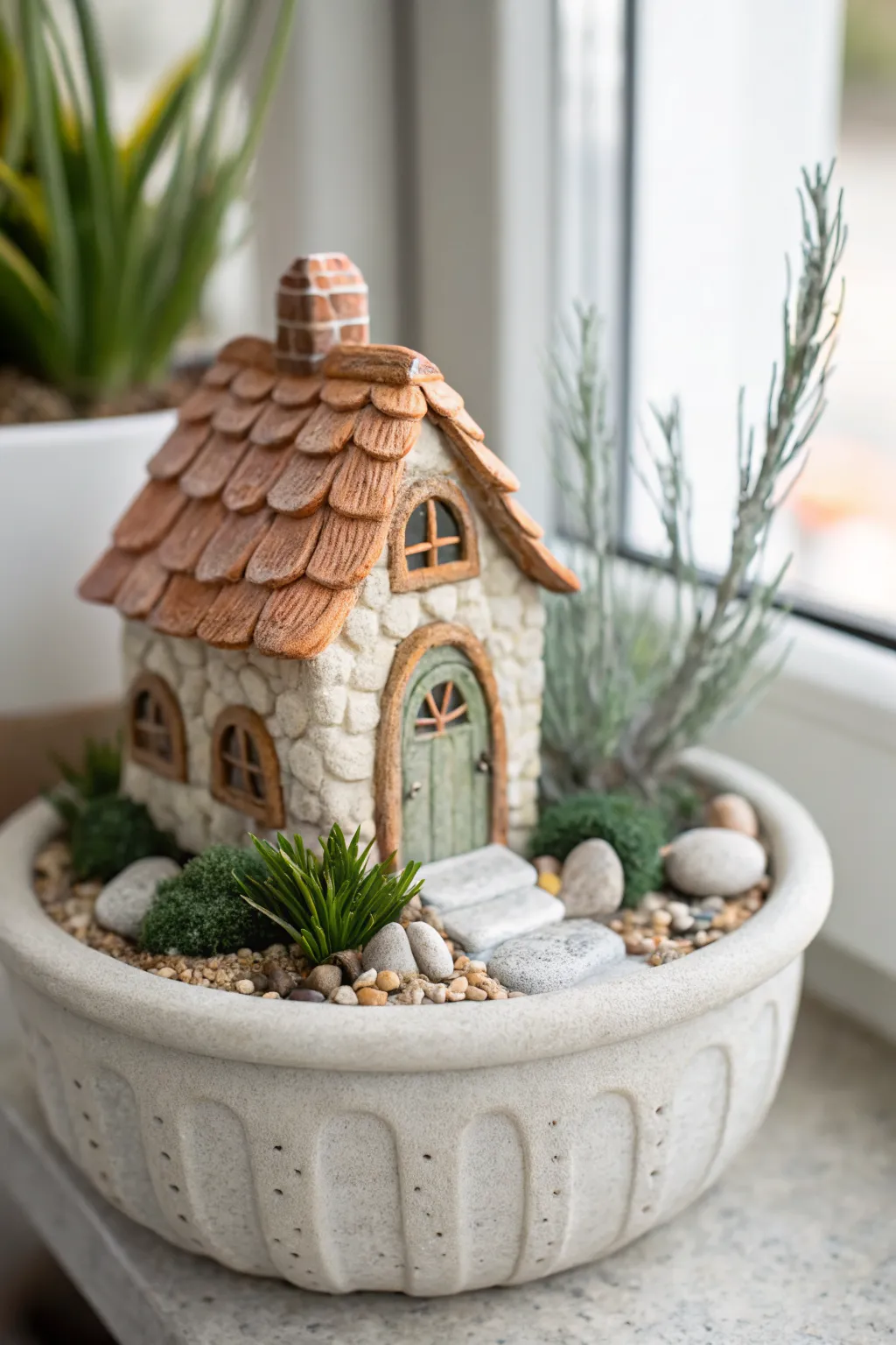 Palm sized polymer clay fairy cottage with a textured roof nestled in a minimalist planter.