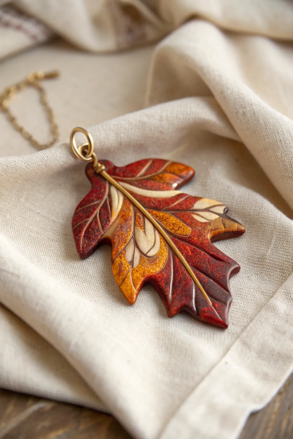 Marbled autumn leaf pendant in warm reds, oranges, and golds on soft linen