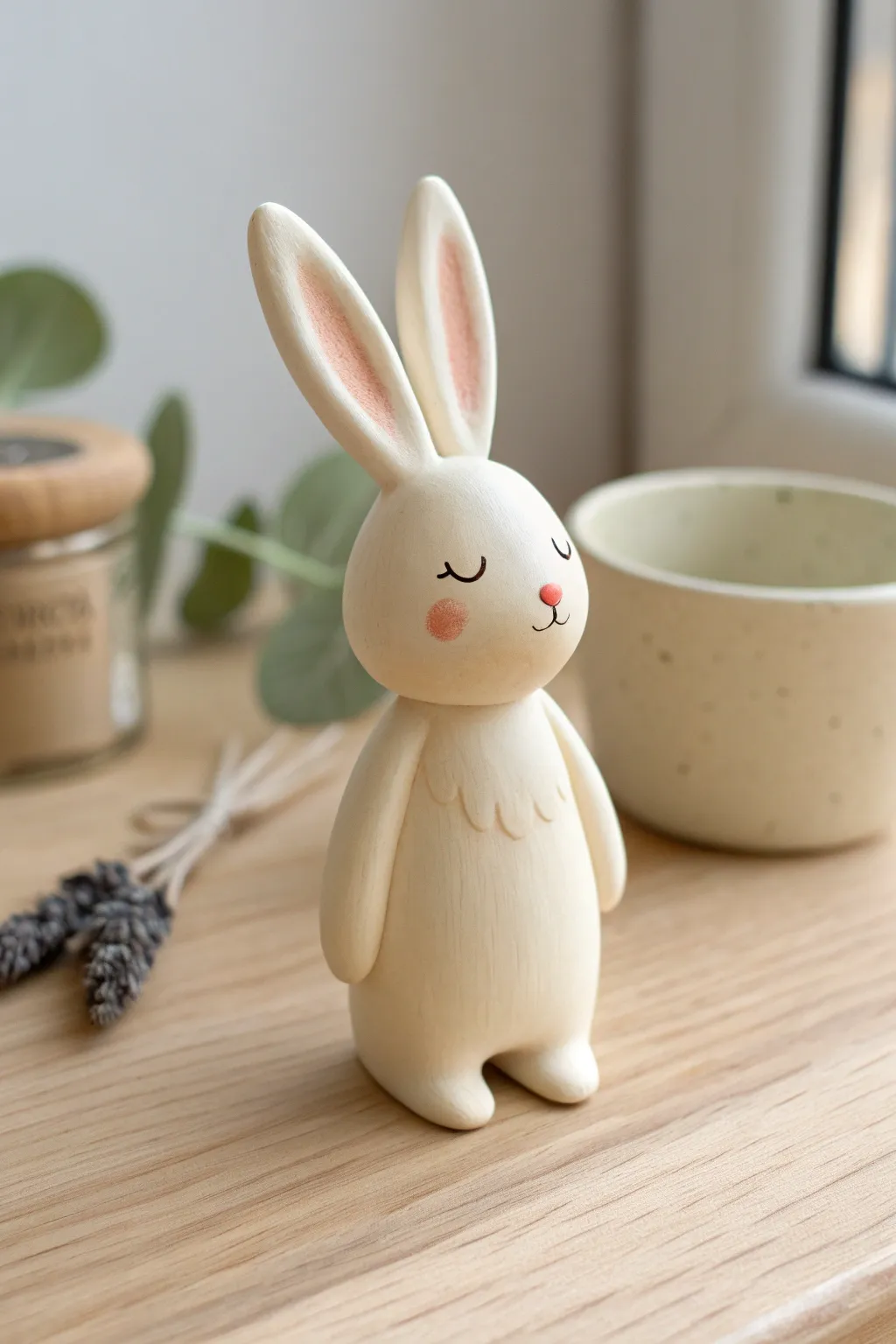 Sweet pocket bunny with blush cheeks and tiny tail, styled in soft minimalist Scandi tones