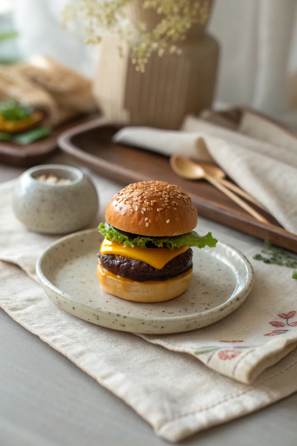 Mini polymer clay cheeseburger stack with crisp layers, styled on a minimalist stoneware tray.