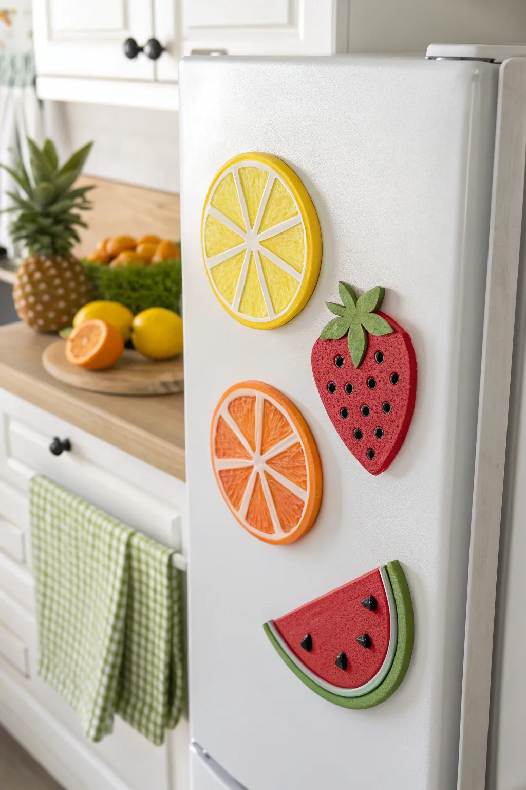 Fresh fruit slice polymer clay magnets in a tidy cluster, bright on a matte white fridge.