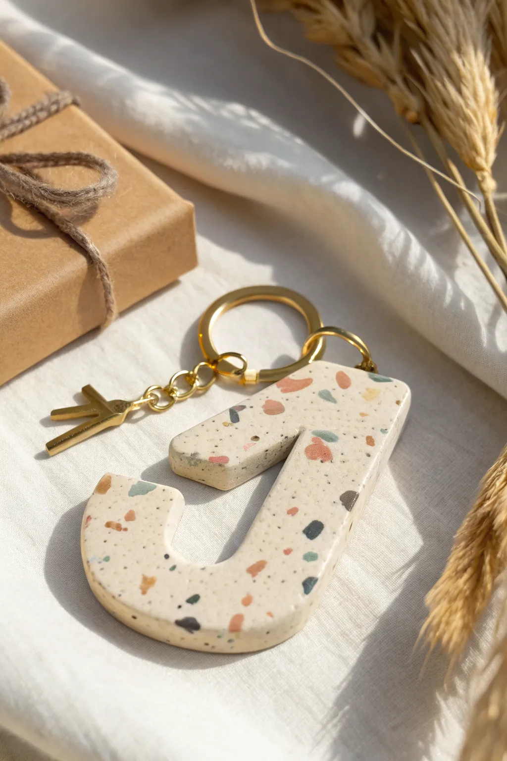 Speckled terrazzo initial keychain in soft neutral tones, minimalist, feminine, and ready to gift.