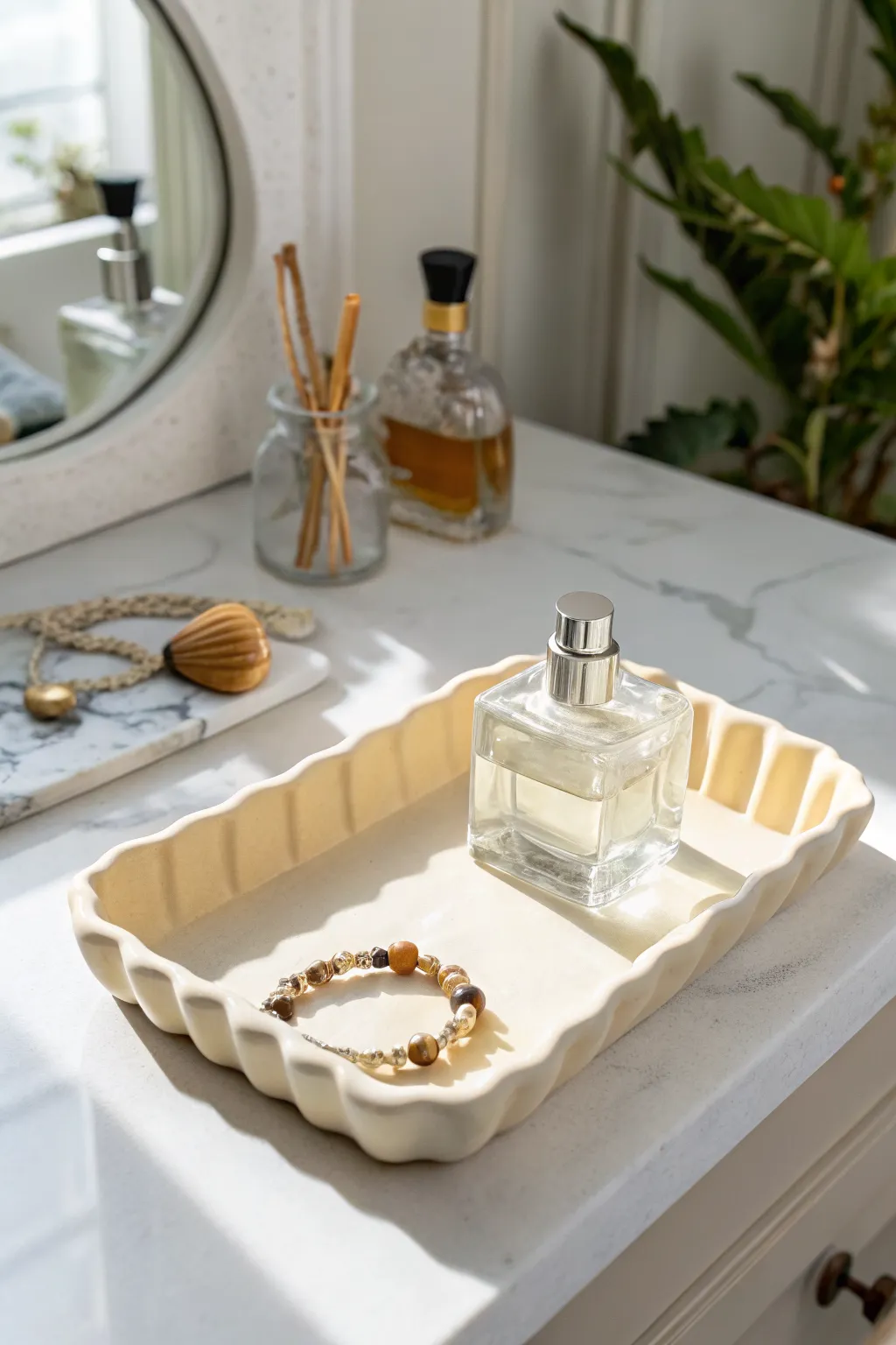 Organic edge polymer clay vanity tray adds calm, minimalist style to your bathroom counter.