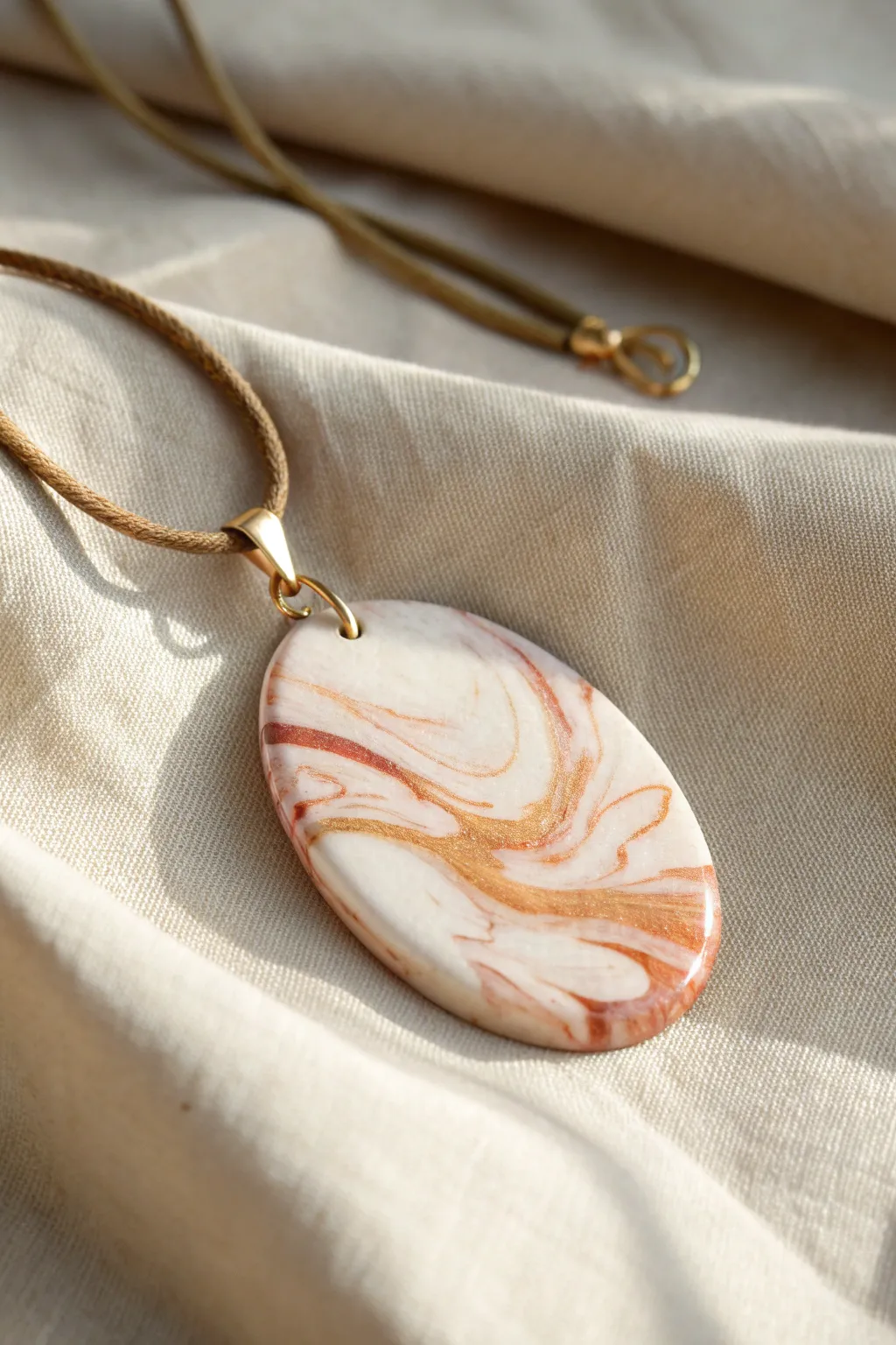 Simple marbled polymer clay pendant on a linen cord, close-up to highlight the swirl pattern.