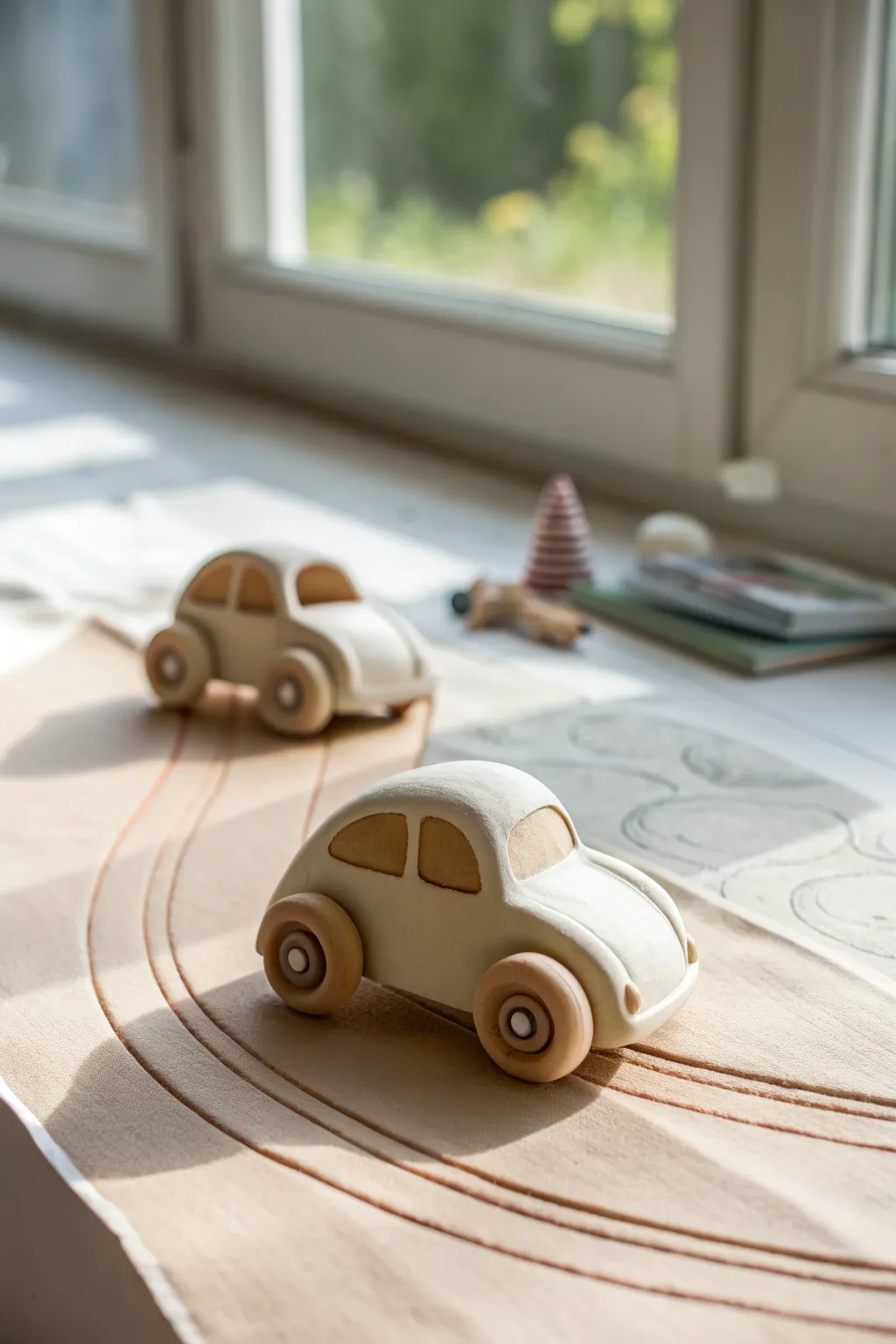 Mini polymer clay race car with rolling wheels, styled on a minimalist paper road.