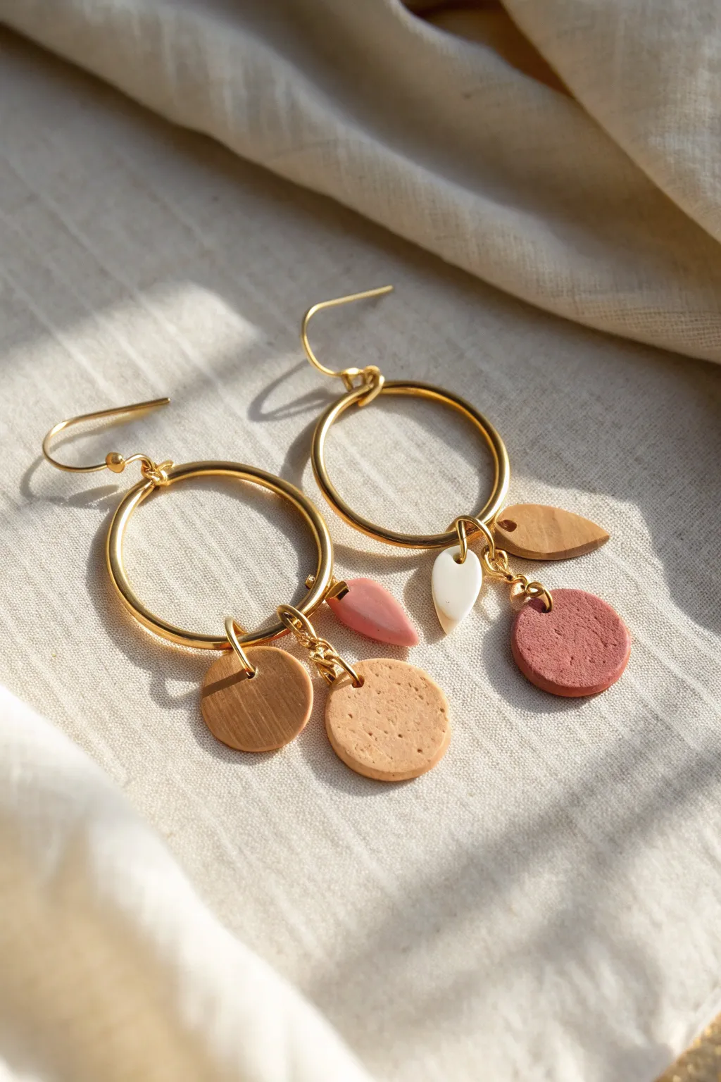 Minimal gold hoops with warm-toned polymer clay charms for an easy, modern everyday look