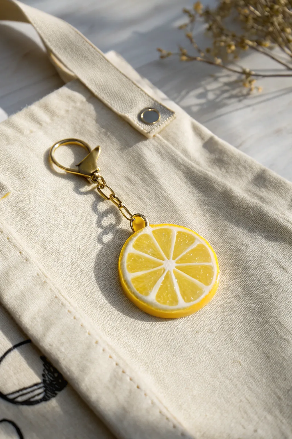 Sunny lemon slice polymer clay keychain clipped to a linen tote strap, bright and minimal.