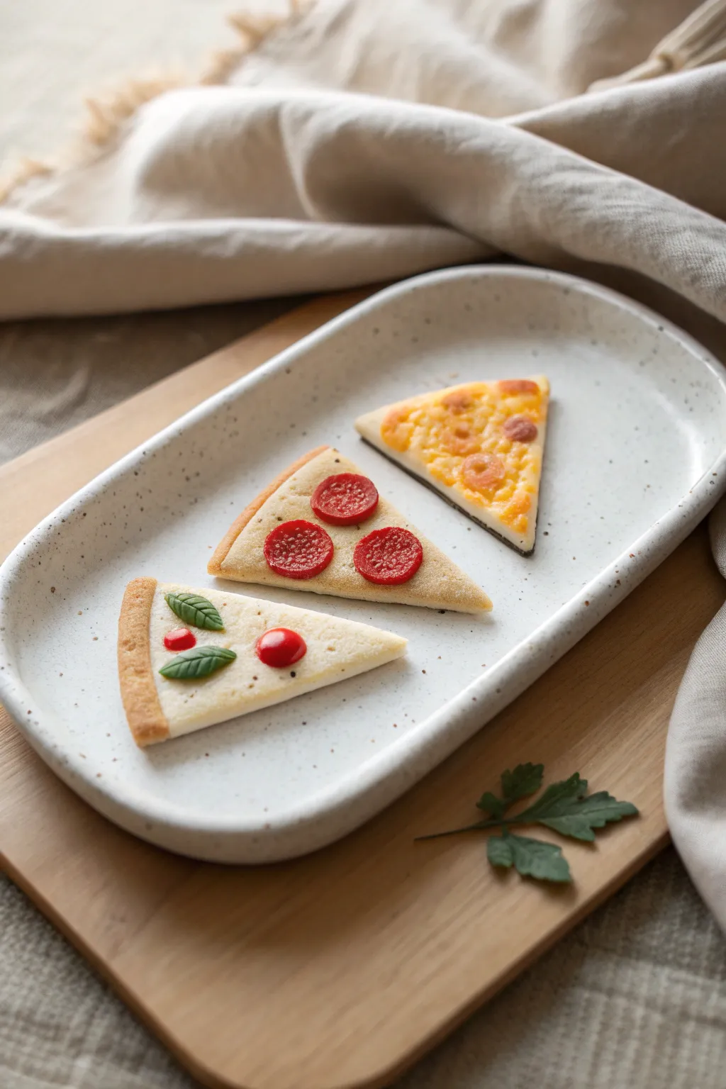 Mini polymer clay pizza slice magnets with easy toppings, cute sampler for your fridge.