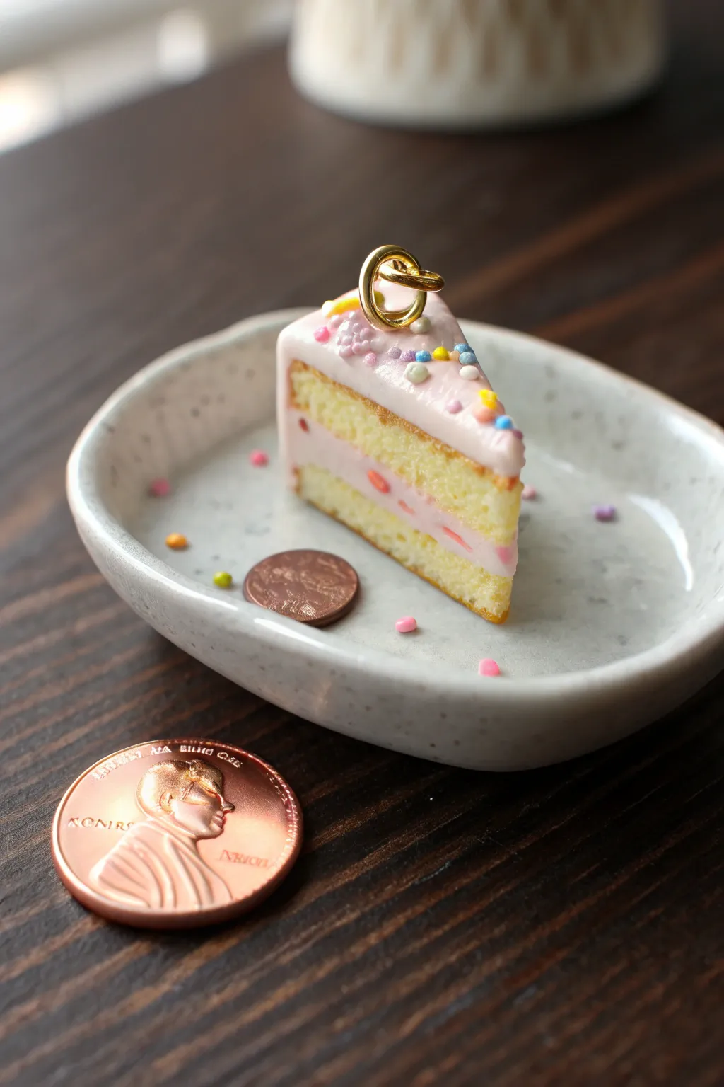 Cute polymer clay cake slice charm with glossy drippy icing and sprinkles, shown true-to-size.