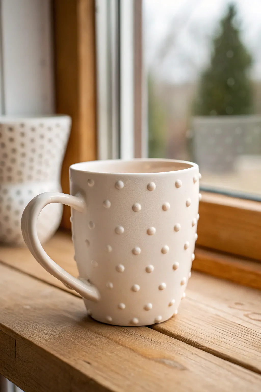 Minimalist mug makeover: raised polymer clay polka dots for a chic, tactile finish