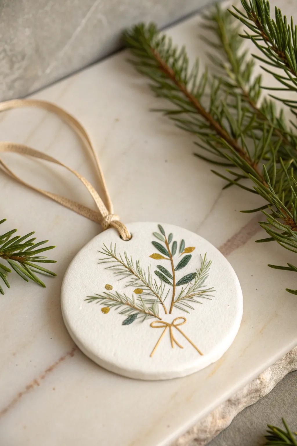 Minimalist botanical impression disc ornament in matte white with evergreen detail and linen ribbon