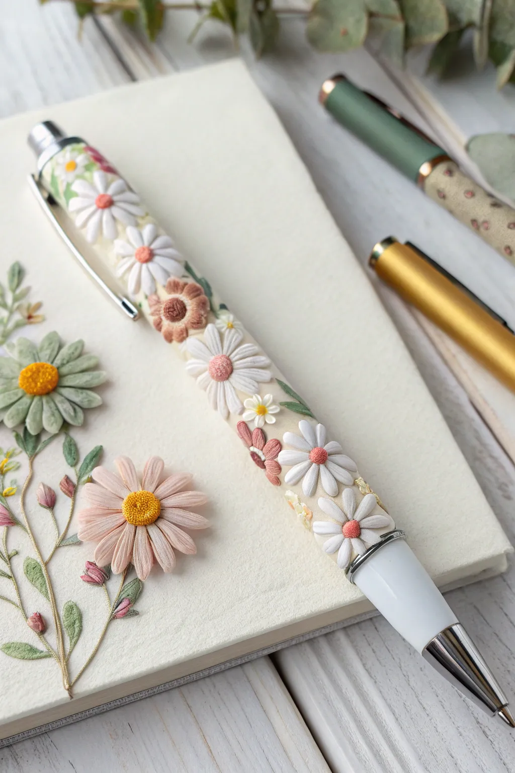 Polymer clay pen wrapped in tiny flower cane slices for an easy, chic DIY statement.