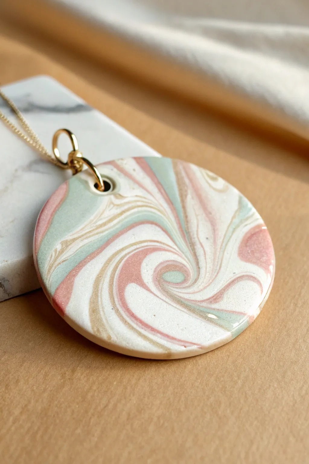 Soft marble swirl polymer clay pendant with glossy finish, minimal Scandinavian boho vibe.