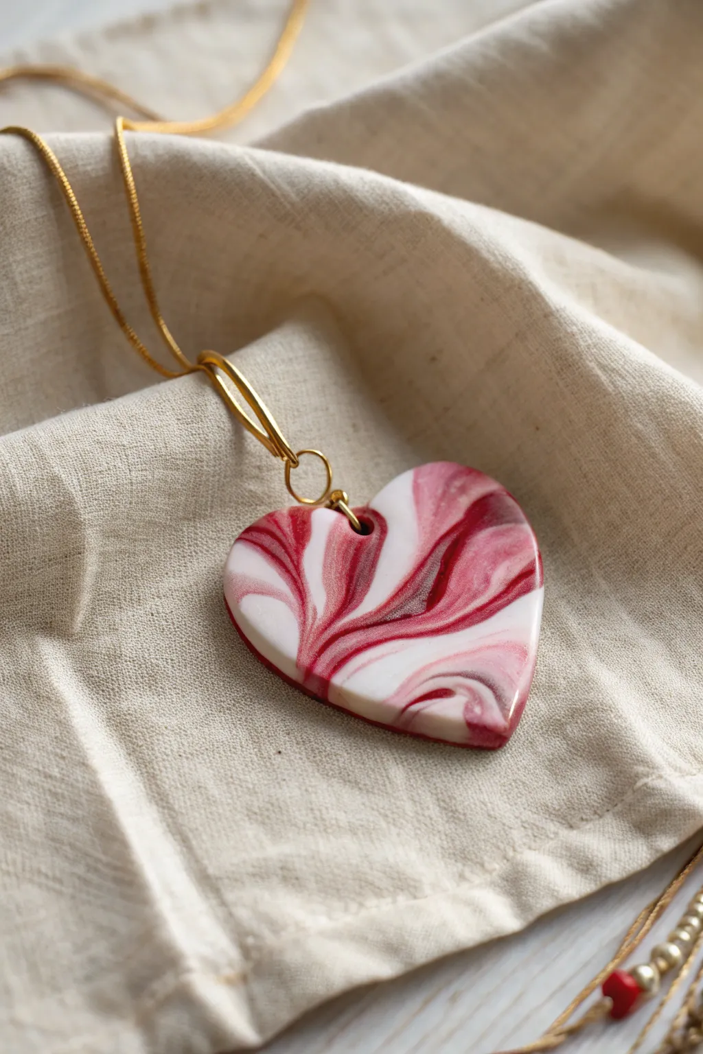 Soft marbled heart pendant in pink, white and red on natural linen cord, minimalist Valentine DIY.
