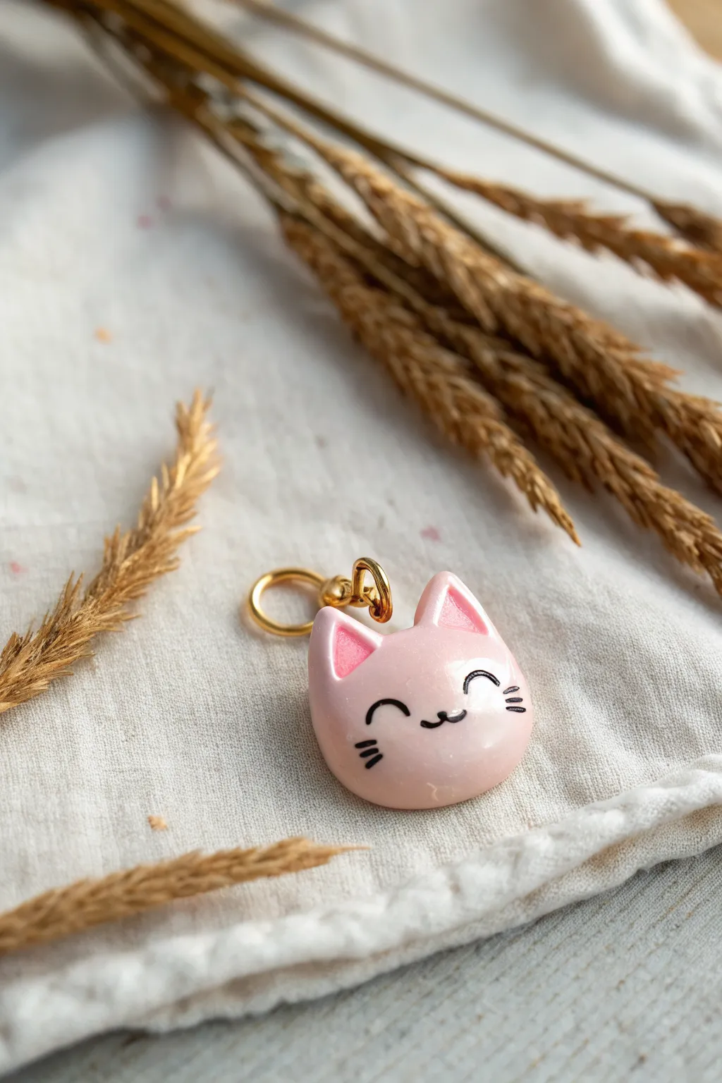 Chubby pastel cat head charm with a tiny smile, minimalist and cute for easy polymer clay ideas.