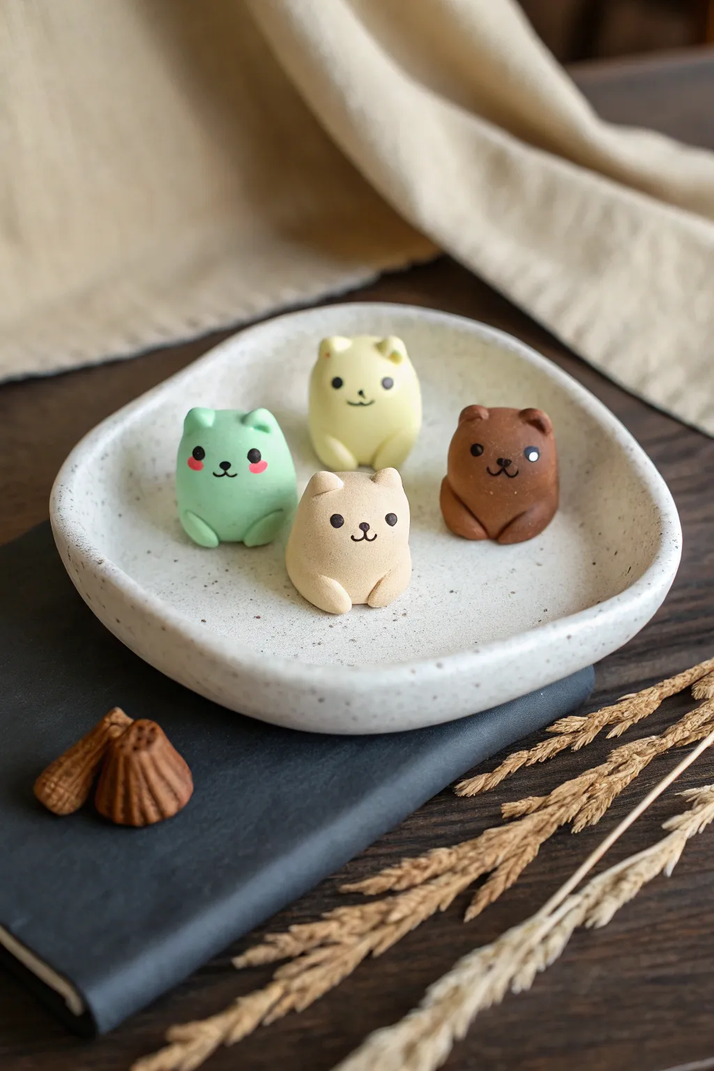 Pocket-sized polymer clay animals on a minimalist tray, sweet, simple, and ready to bake.