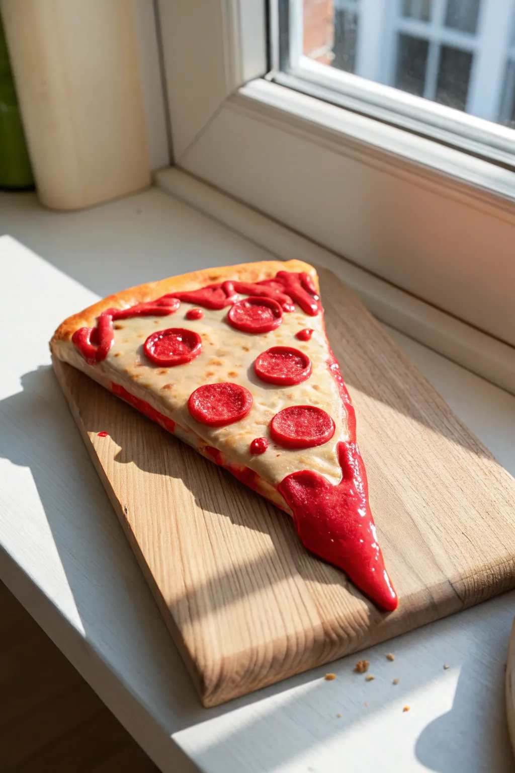 Pop art clay pizza slice with glossy drippy cheese, bold color, and clean Scandinavian styling.