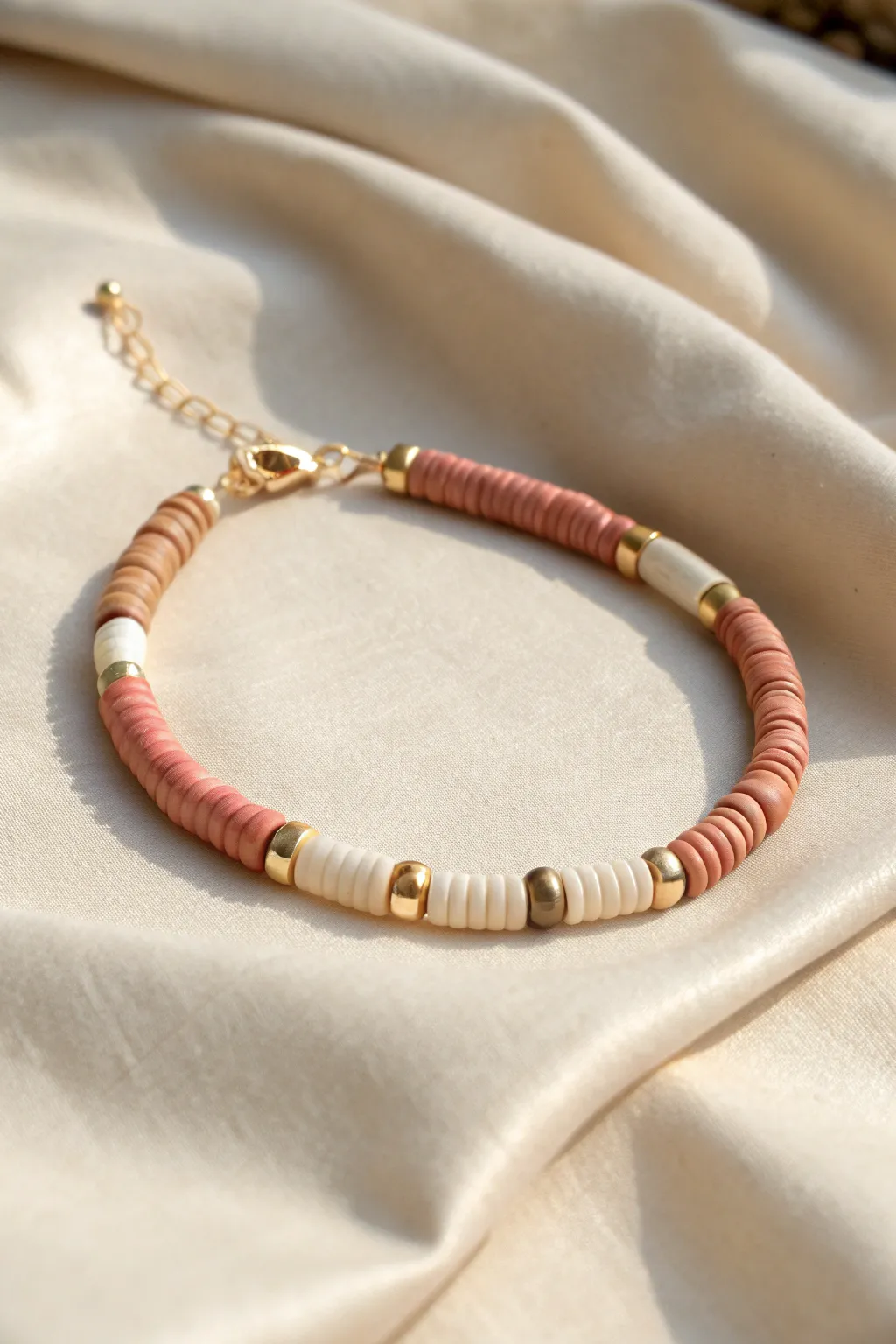 Color-blocked heishi bracelet with gold spacers for a simple, modern handmade look