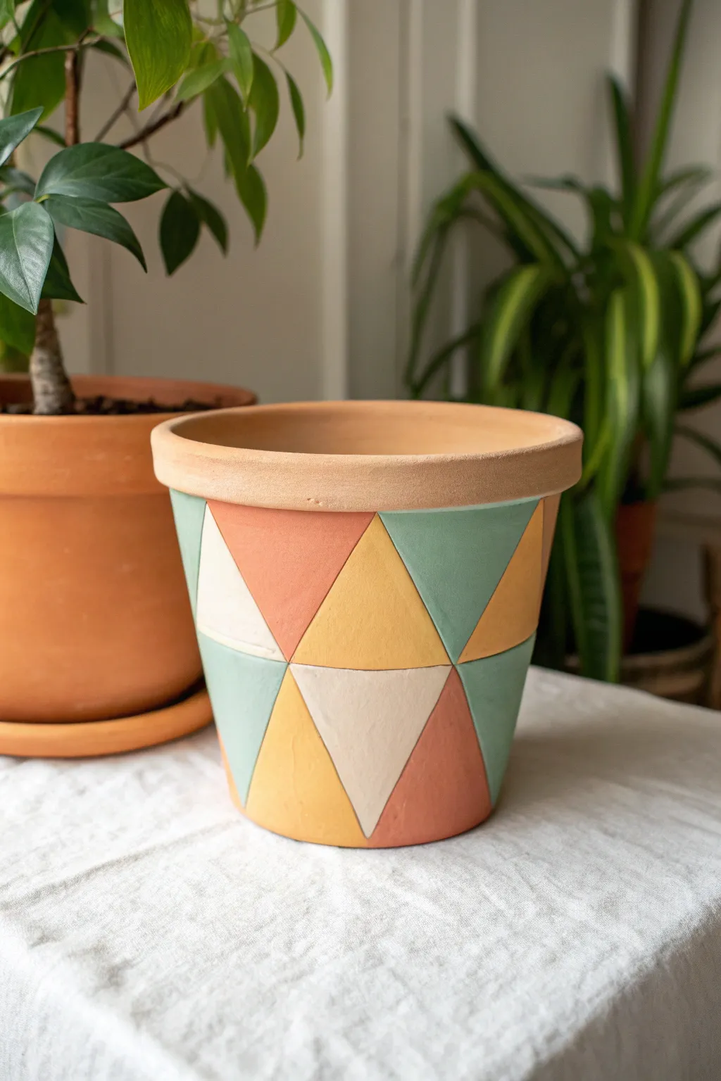 Bold matte triangle color blocks on a handmade pot, styled minimal and bright on neutrals