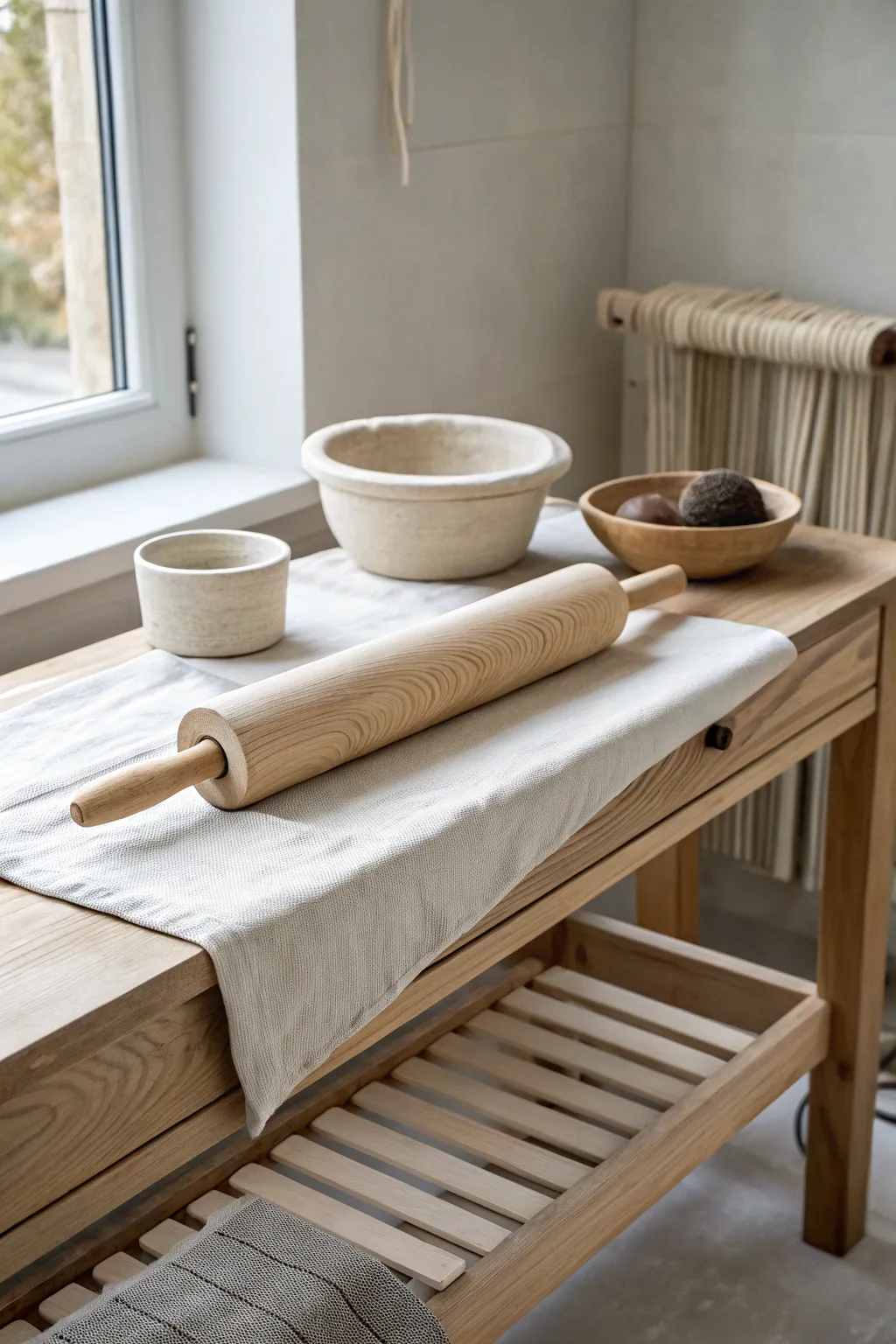 Canvas-topped pottery bench setup with clean slab and tools for calm, clutter-free handbuilding.