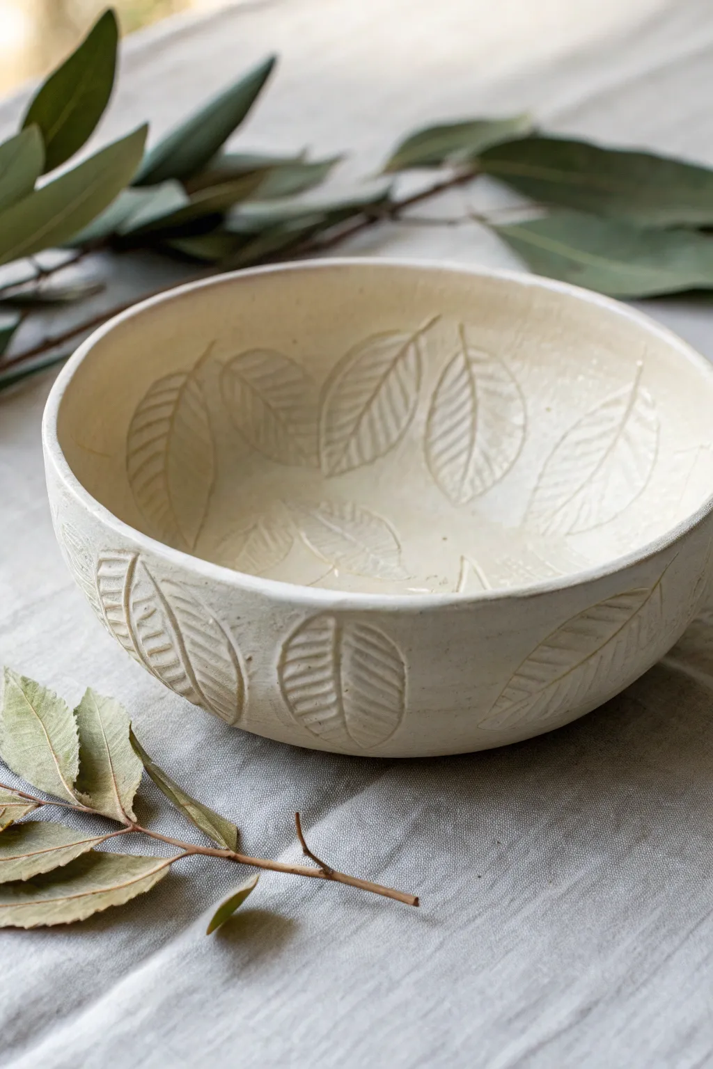 Leaf-pressed bowl with satin glaze, minimalist styling, and delicate botanical texture