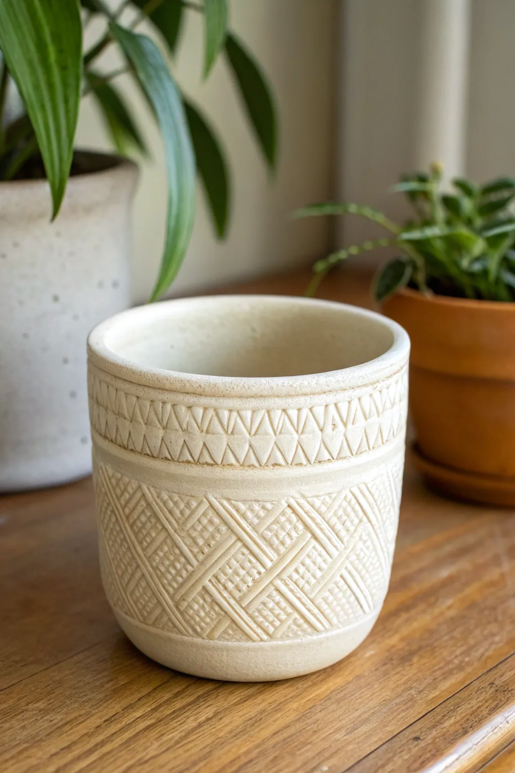 Cozy crosshatch carving that feels like knit fabric, with a smooth rim for clean contrast.