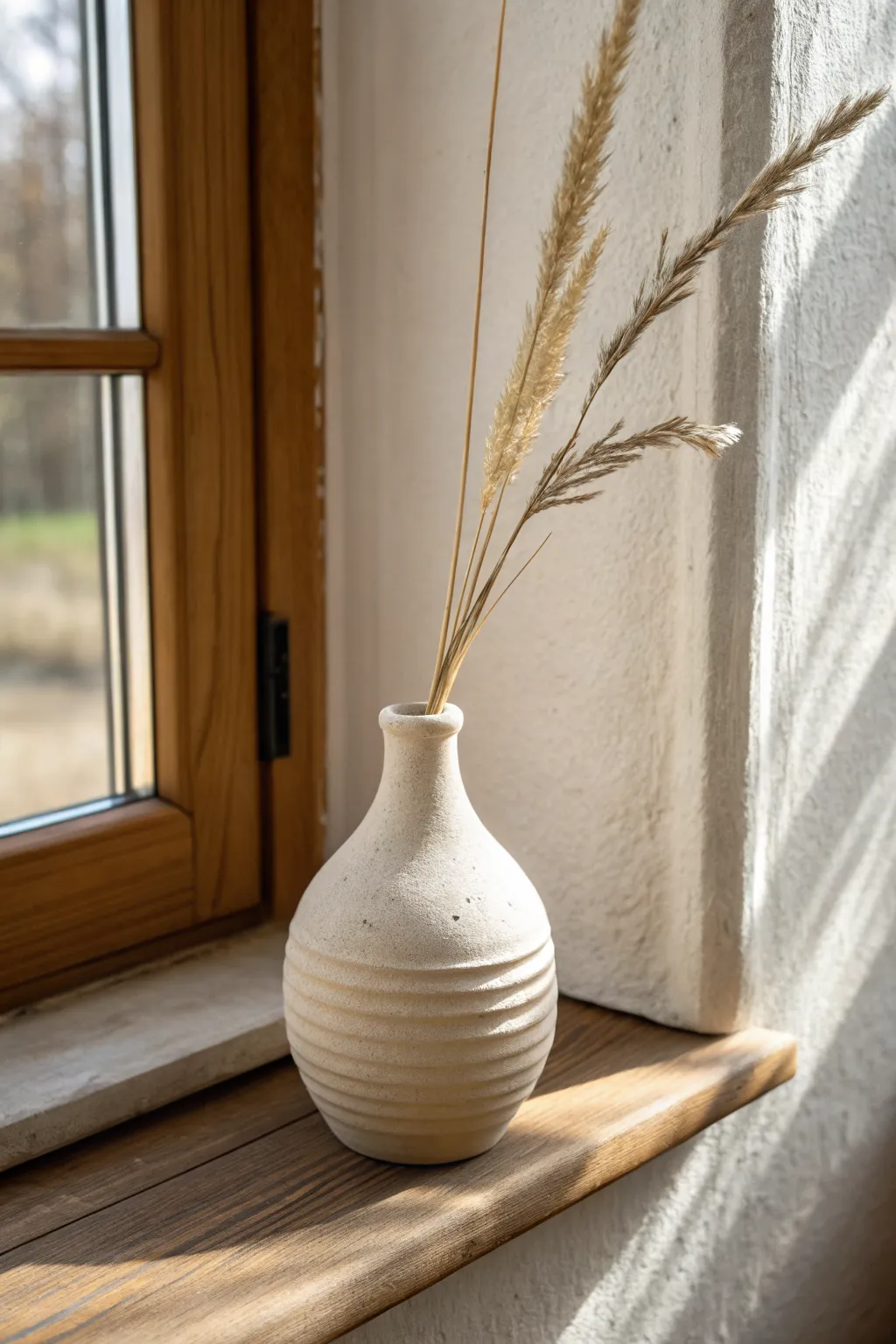 Coil-built bud vase with visible hand-rolled lines, styled simply for a calm, natural shelf moment.