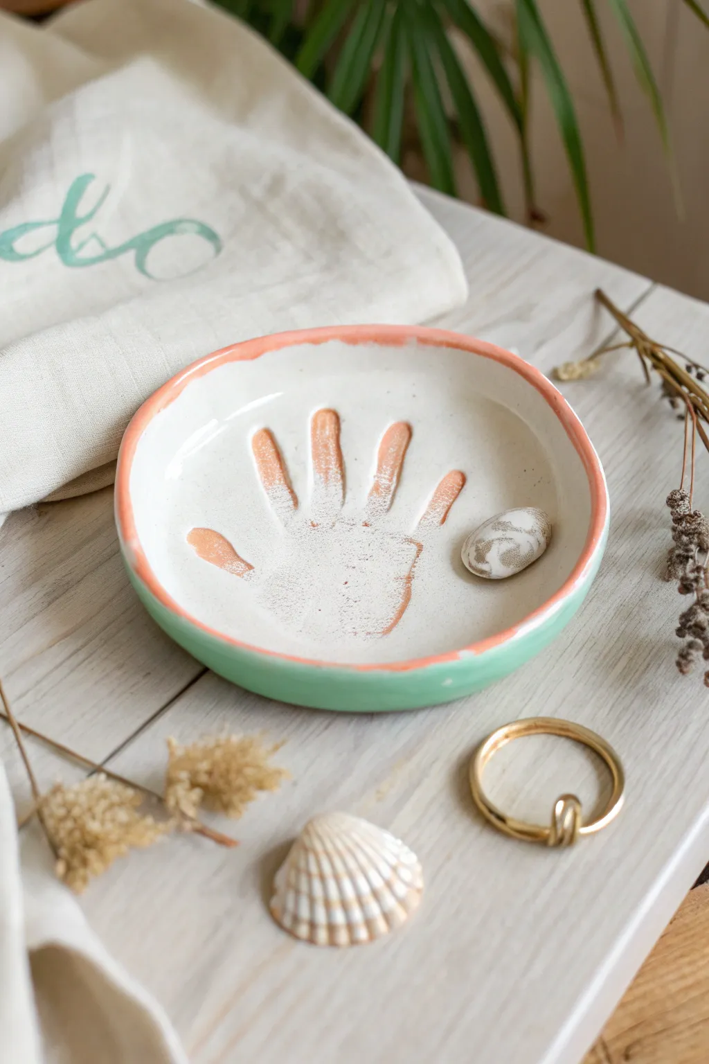 Bright handprint keepsake dish with simple border, styled with tiny treasures for everyday use.