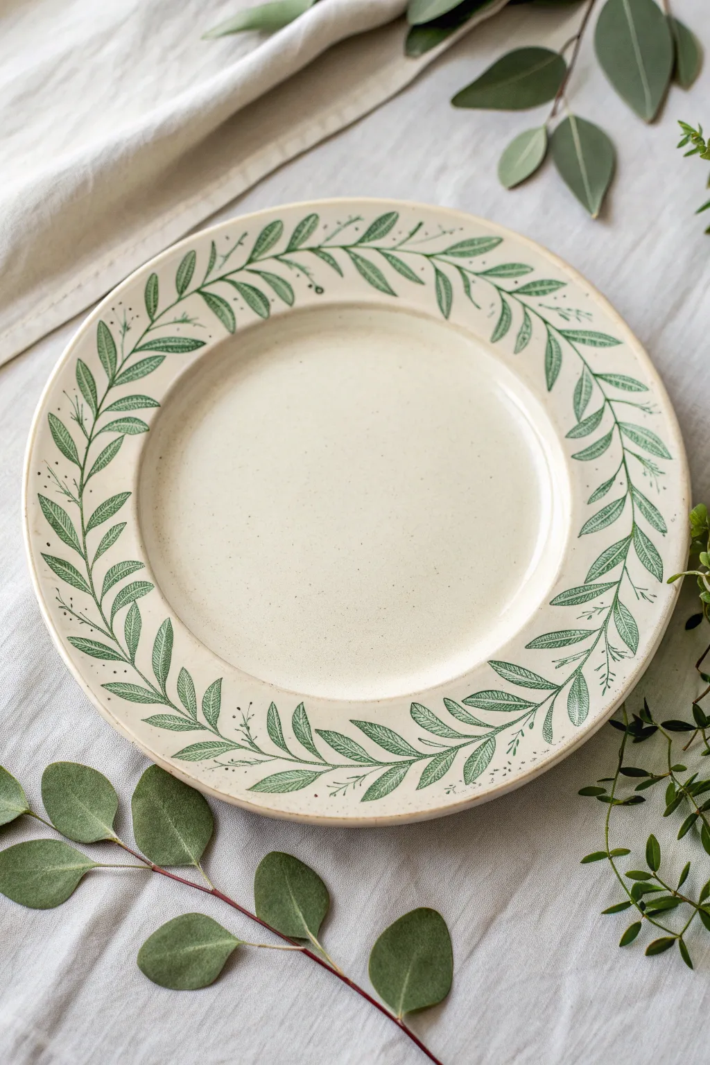 Minimal leaf-border ceramic plate with airy negative space and a fresh, Scandinavian feel