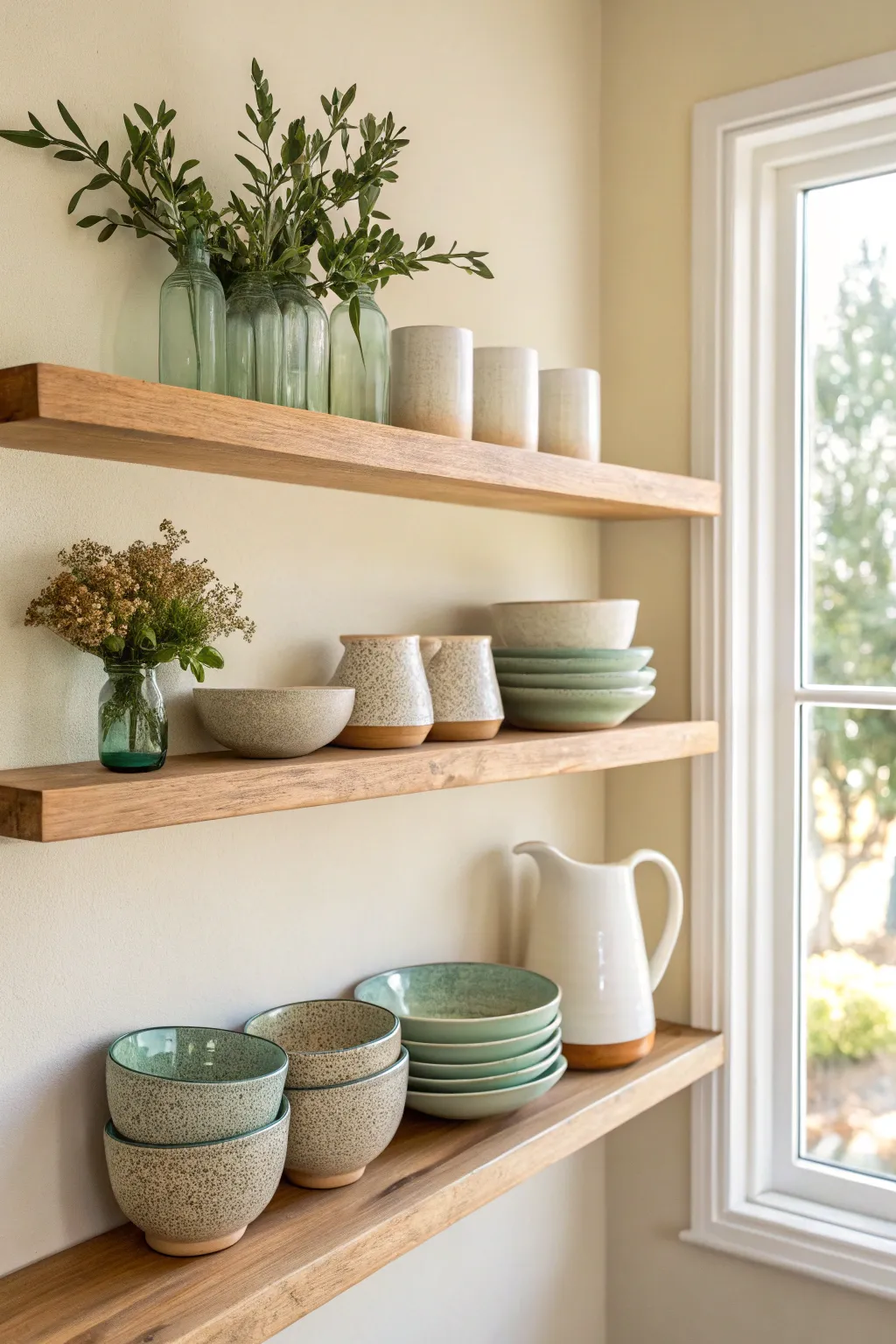 Color-blocked pottery shelf in celadon, speckle, and creamy white for a calm, clean display