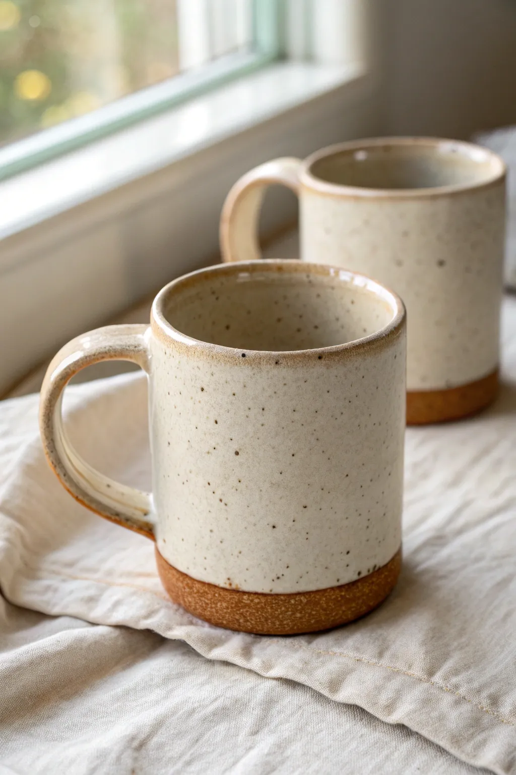 Two minimal stoneware mugs with rounded extruded handles, celebrating clean curves and craft.