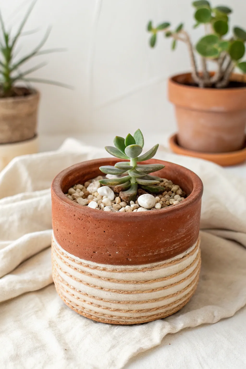 Coil-built succulent planter idea for beginners, earthy texture with a simple glaze band and tiny plant.