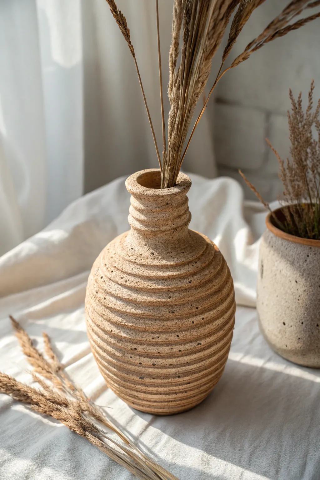 Easy coil-built vase with exposed coils, earthy glaze, and warm light for calm boho minimalism.