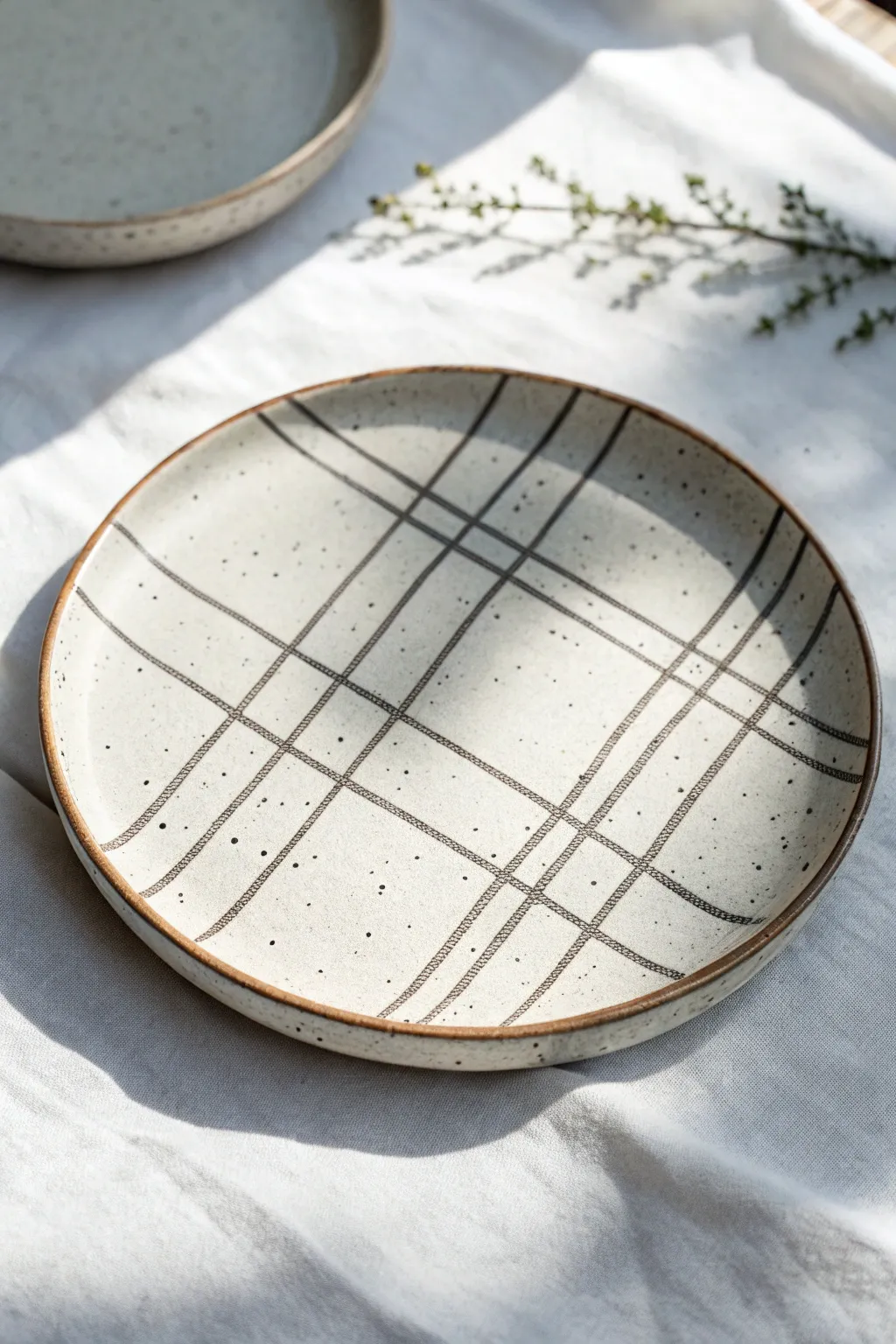 Soft stoneware plate with an imperfect hand-drawn grid and crosshatch for clean pattern ideas