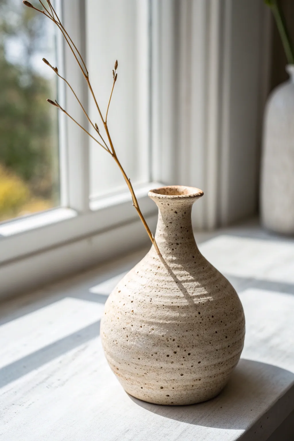 Coil-built bud vase with visible texture and a single dried stem for calm minimal boho style