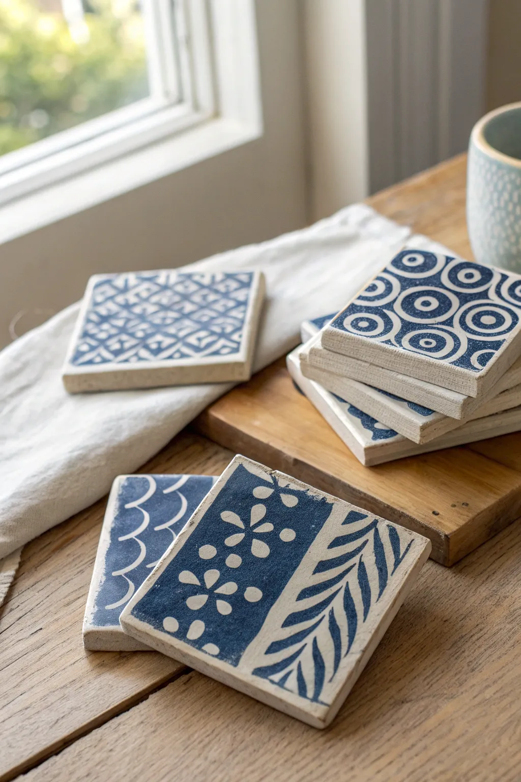 Blue-and-white sgraffito tiles with bold, scratch-revealed patterns in calming minimal style