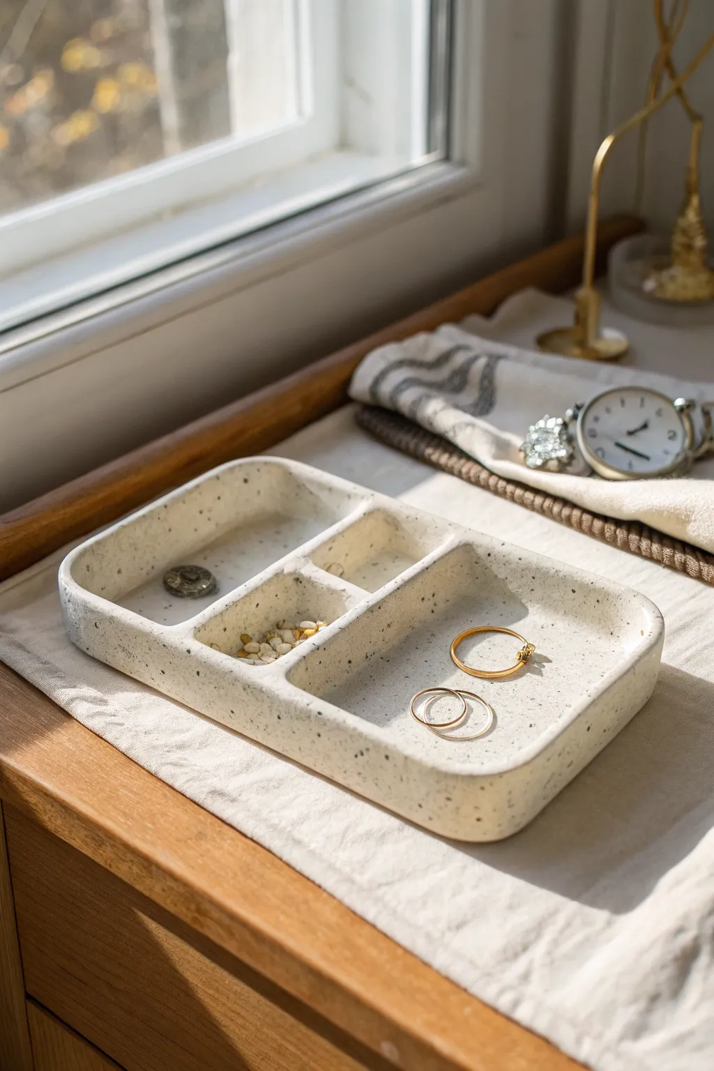 Minimal divided clay tray to keep earrings, bracelet, and watch neatly organized in style