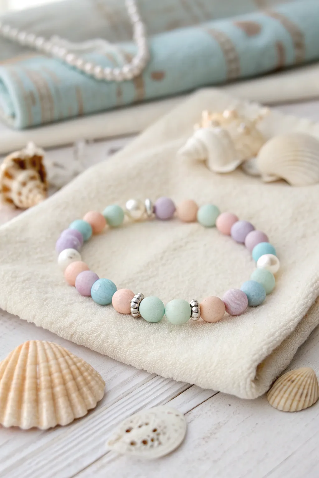 Pastel clay bead bracelet with pearl accents on a linen towel, softly styled with seashells.