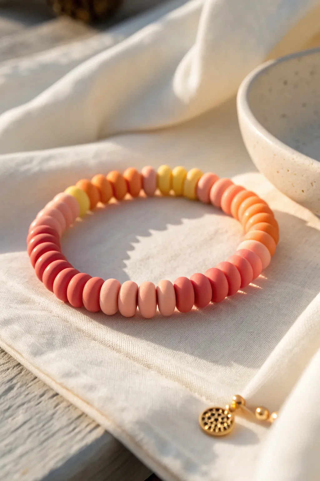 Sunset ombre clay bead bracelet, coiled neatly in warm light for a chic preppy vibe.