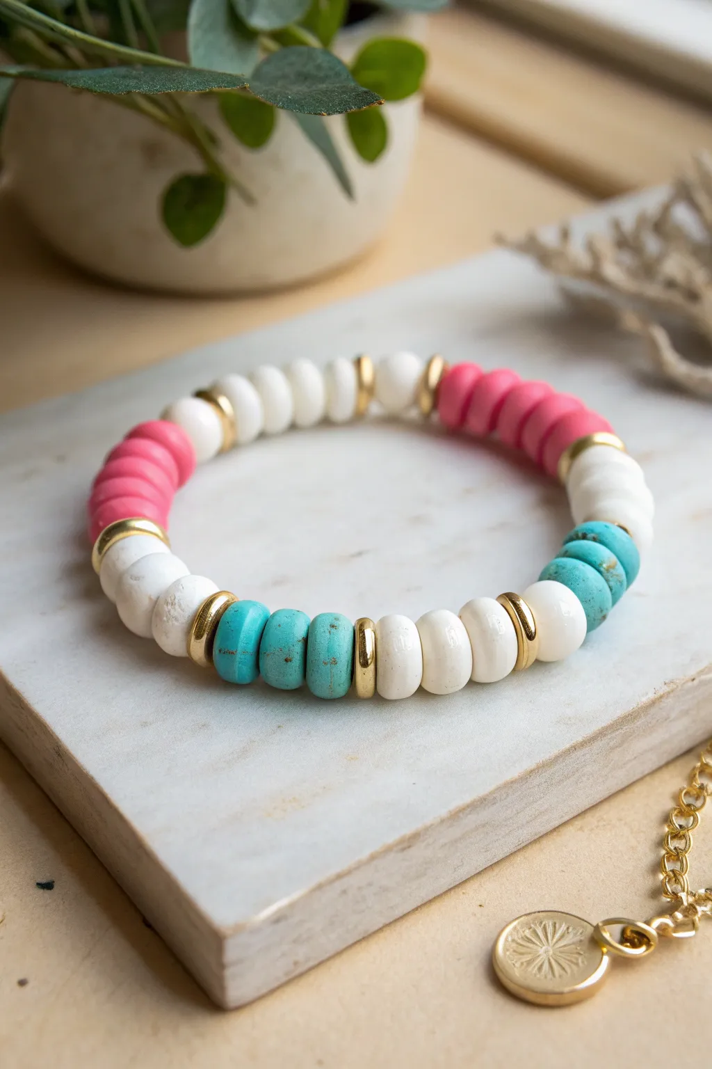 Bold color-block clay bead prep bands with gold spacers for an easy, chic bracelet stack.