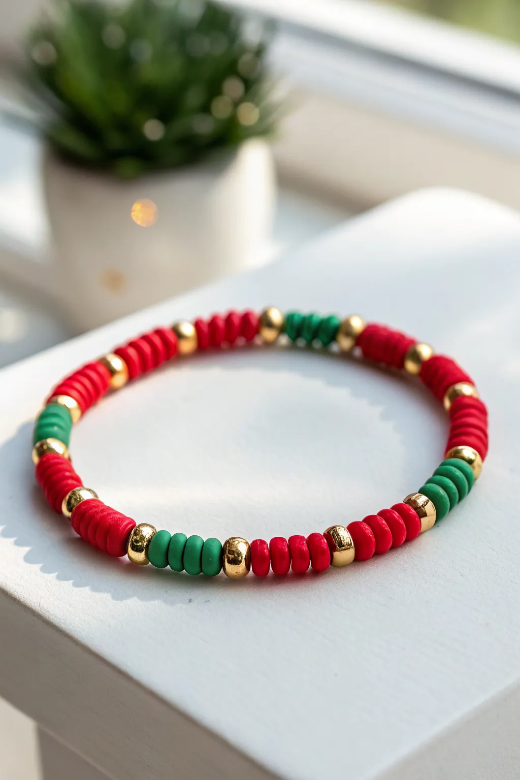 Preppy red and green heishi bracelet, elevated with evenly spaced gold spacers for a polished finish.