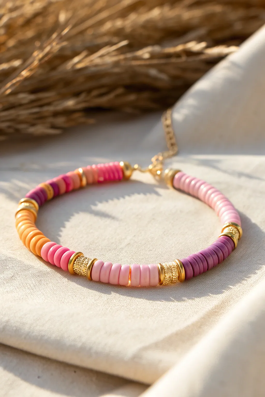 Sunset ombré clay heishi bracelet in vibrant preppy hues, styled minimal and sunlit