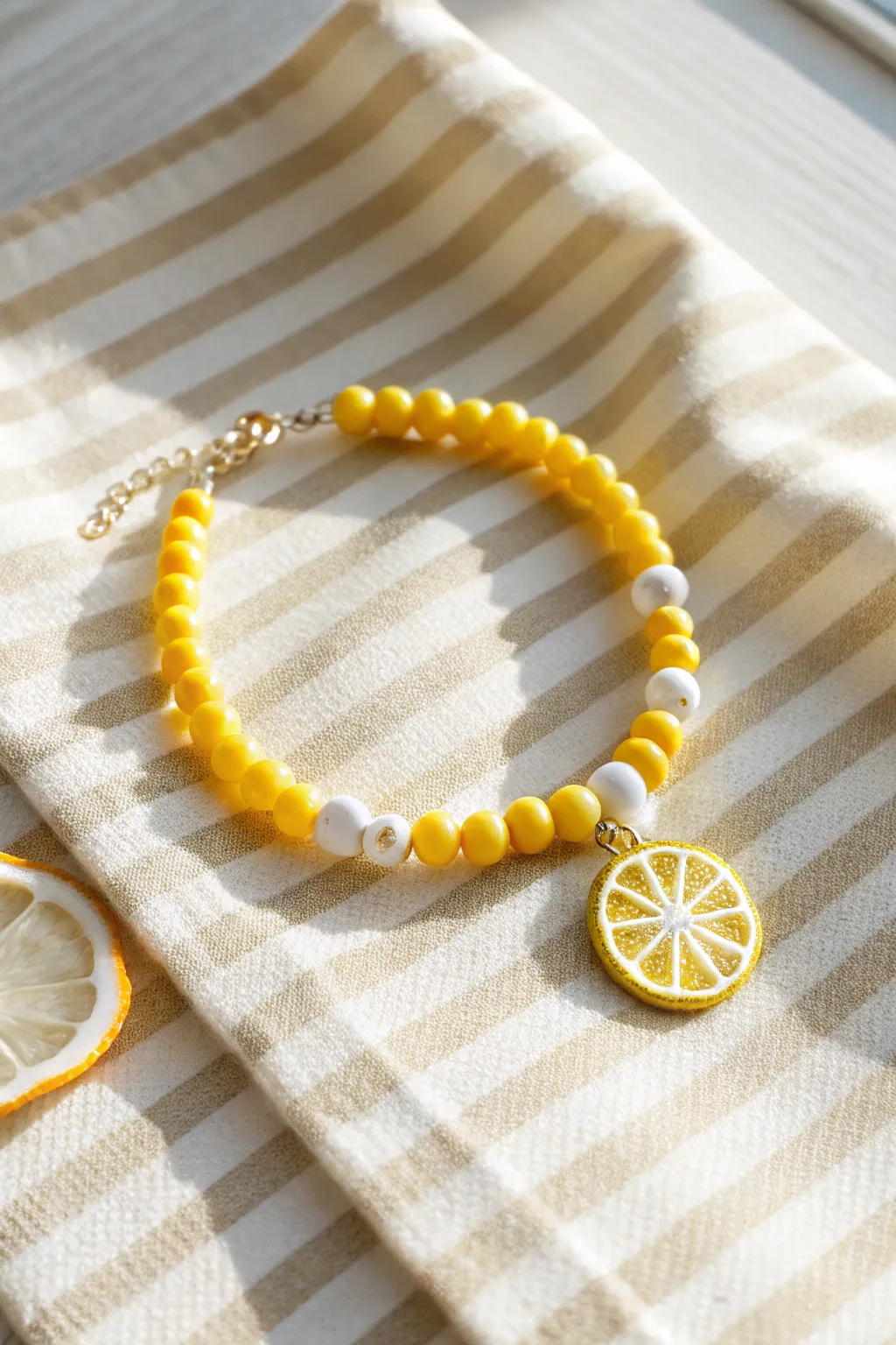 Sunny yellow clay bead bracelet with white breaks and a tiny citrus charm, styled on stripes