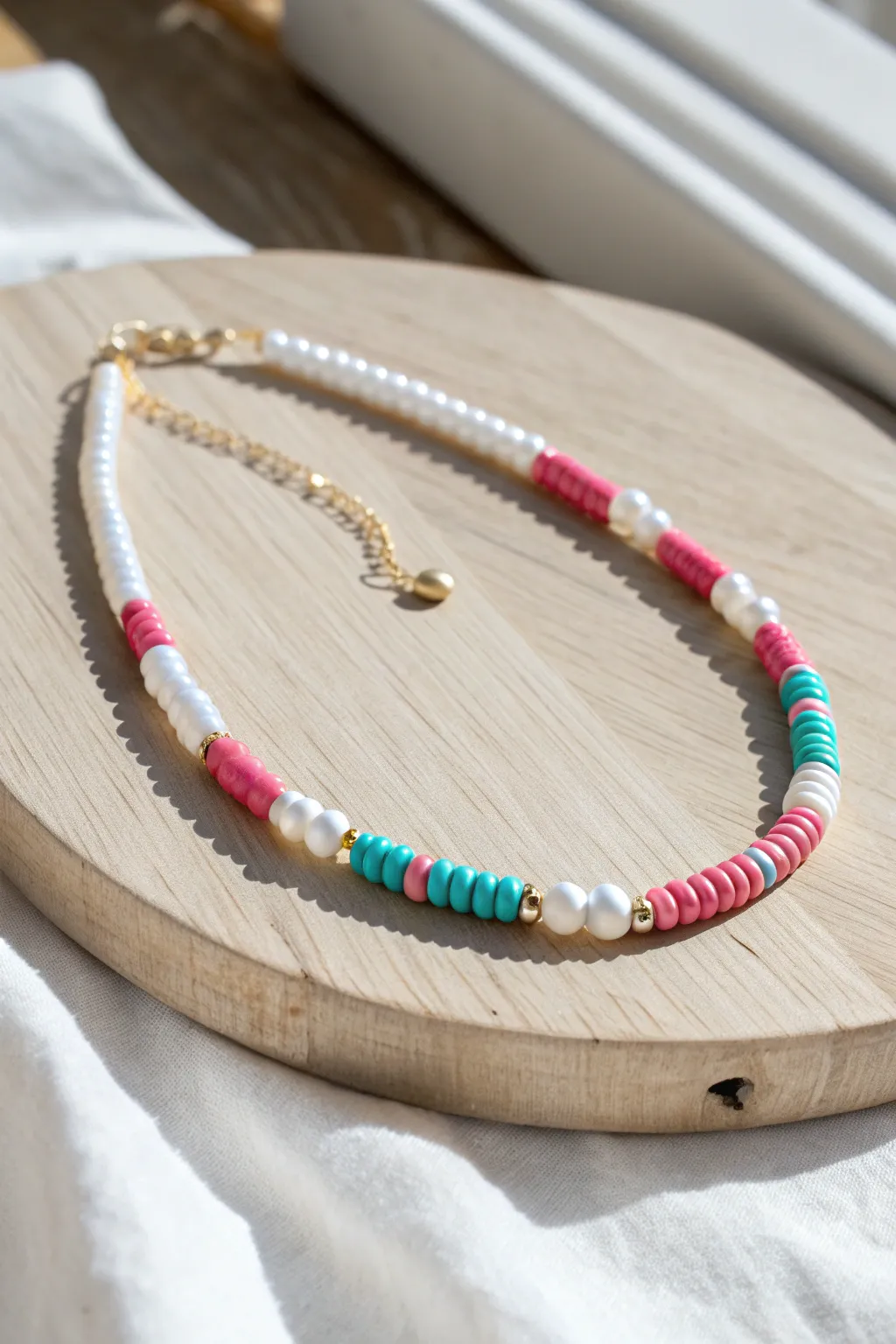 Preppy pearl-and-heishi necklace with bright pink and aqua pops on pale wood, clean and chic.