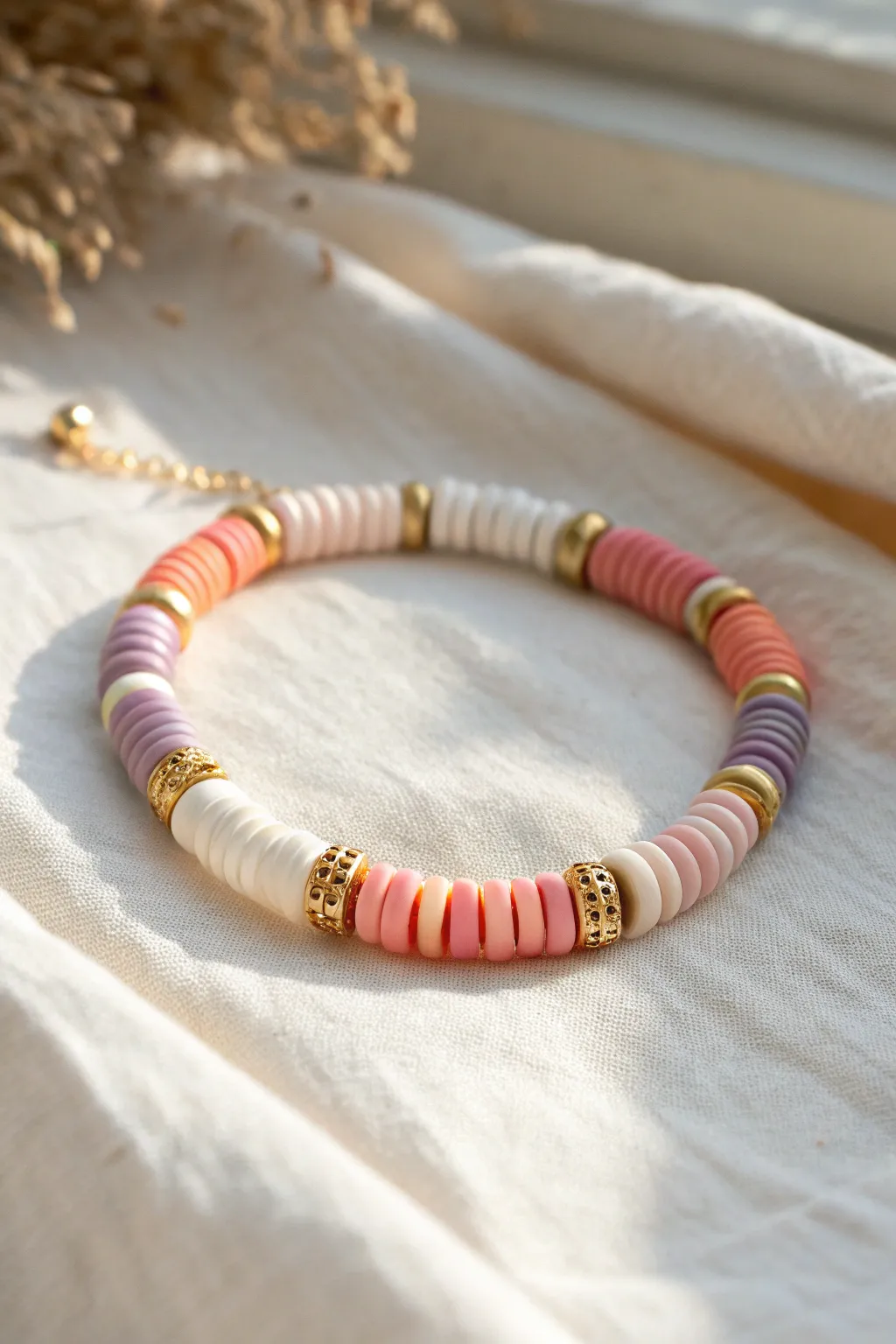 Sunset sorbet heishi bracelet in coral, peach, pink, lavender with tiny gold accents.