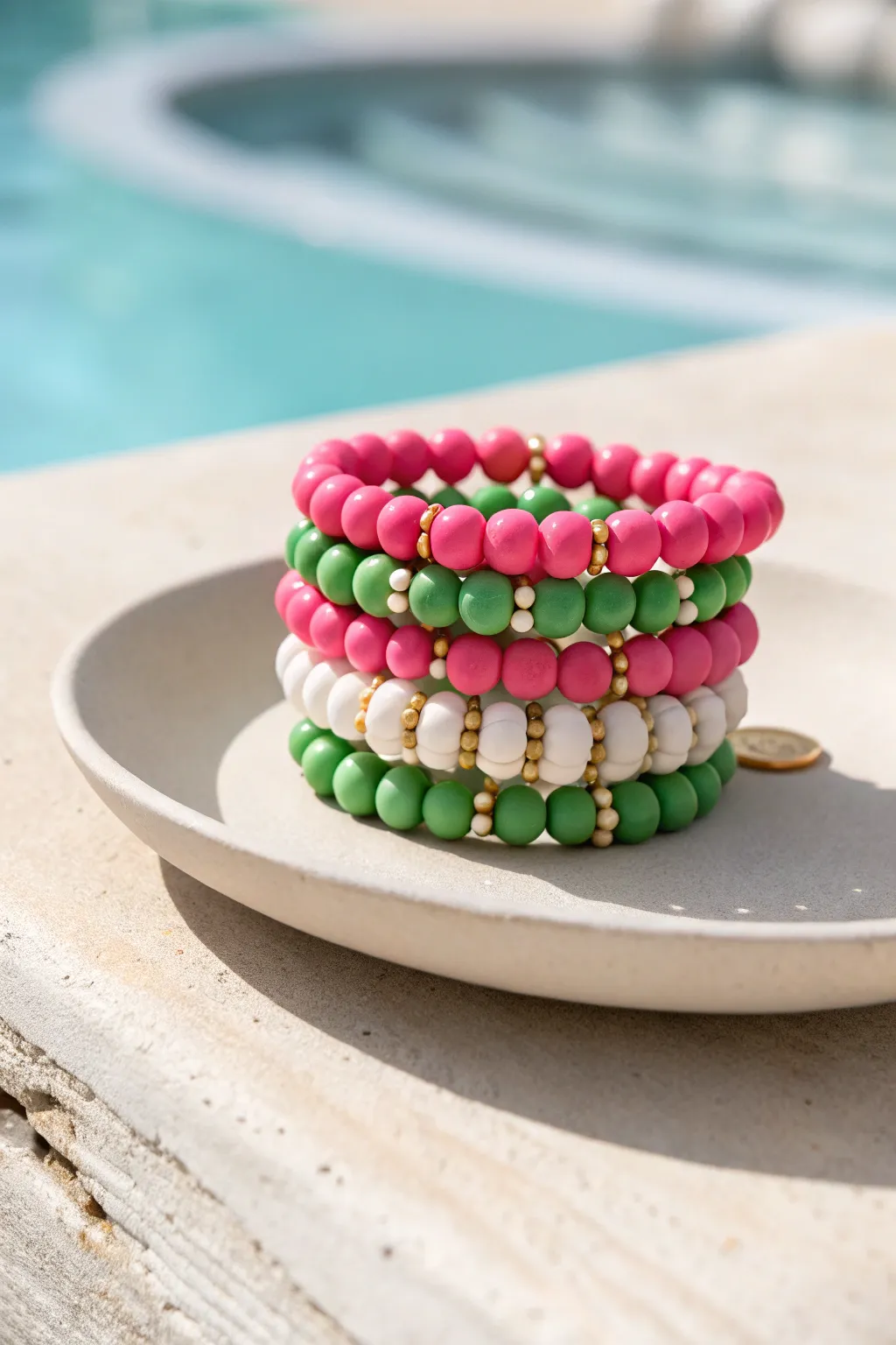 Hot pink and crisp green clay bead stack with gold spacers, pool-blue backdrop, preppy vibe