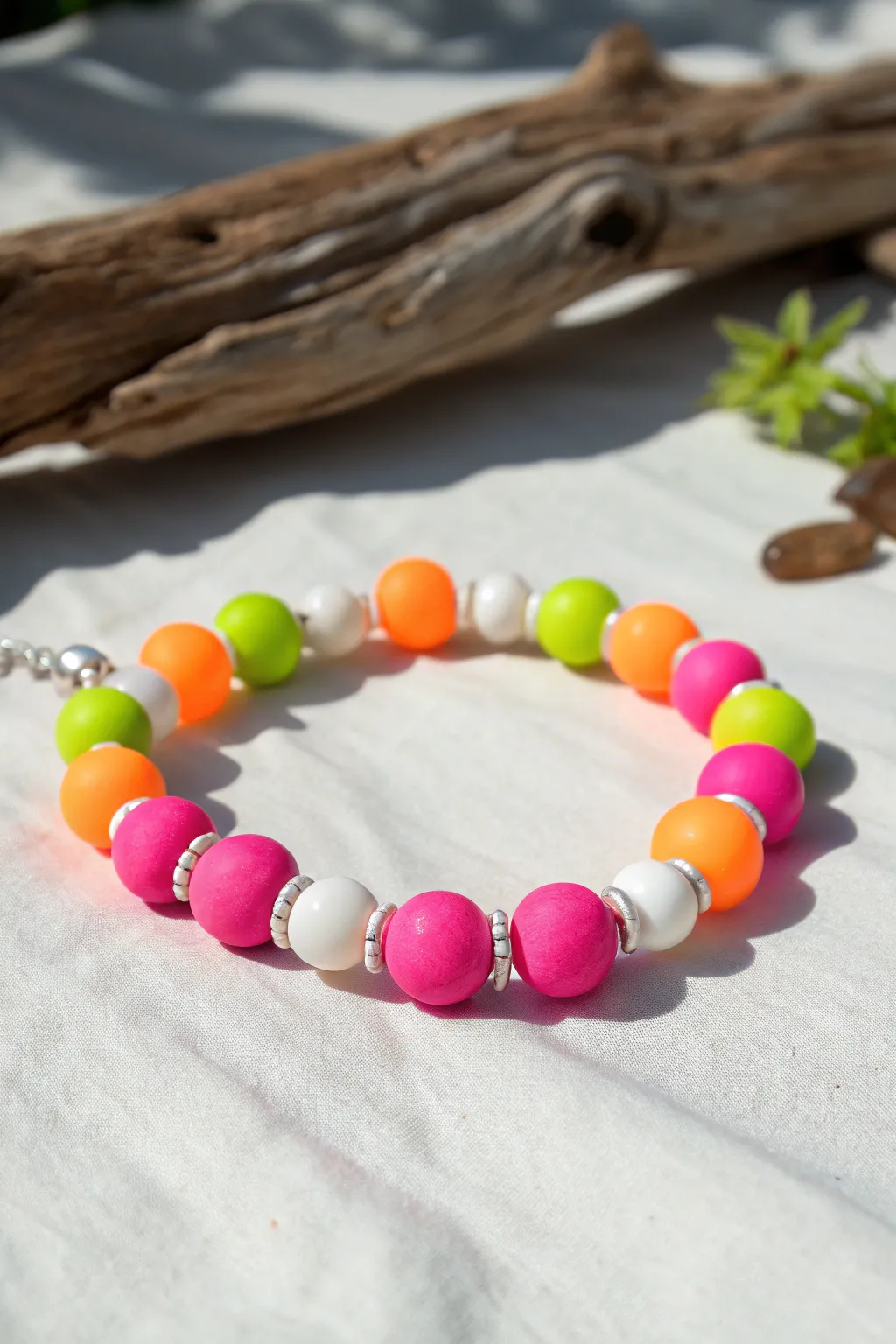 Neon clay bracelet with chunky white spacers for a preppy pop in bright minimalist sun.